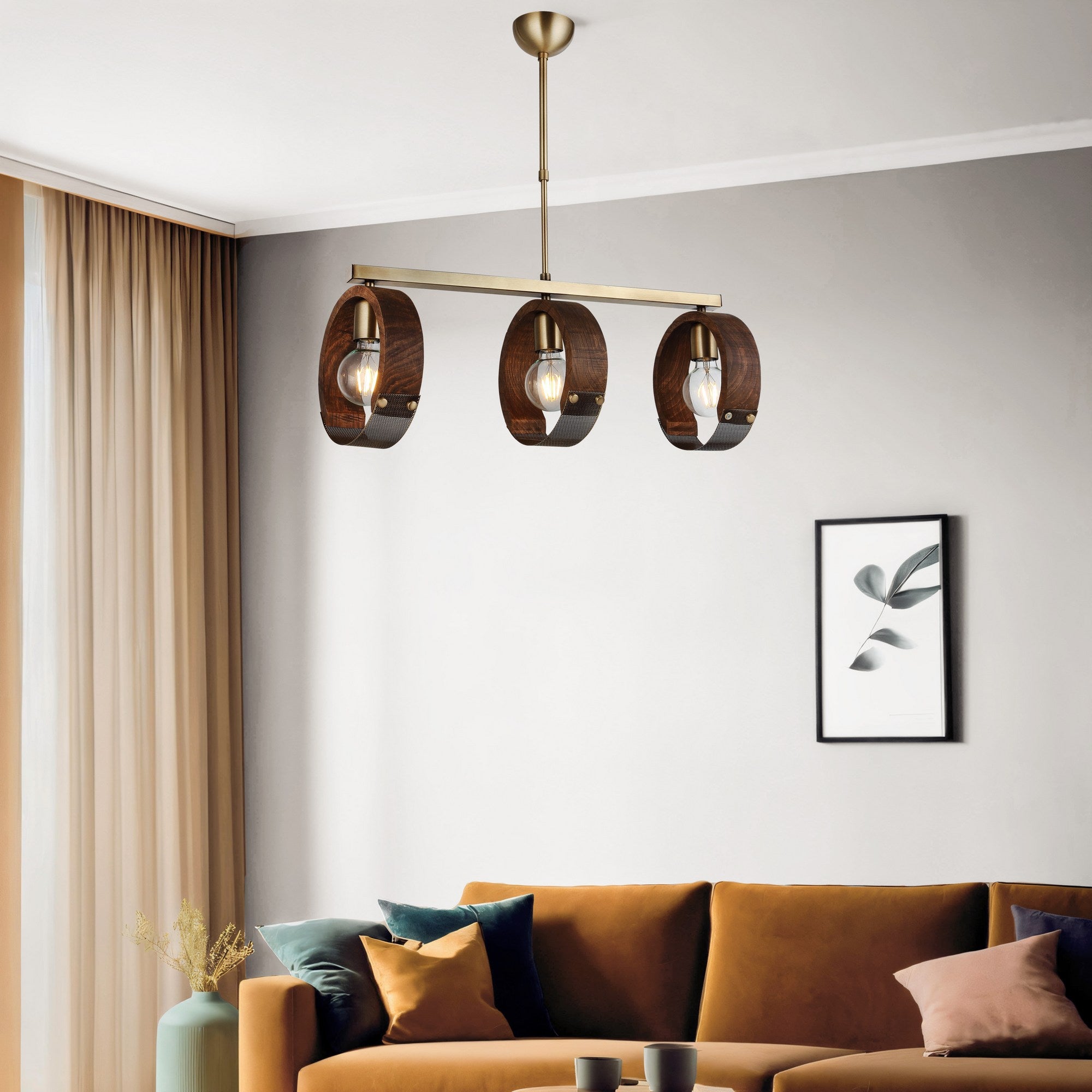 Candeeiro de Teto – 54 - 77 cm – Cor antiga – Metal e Madeira