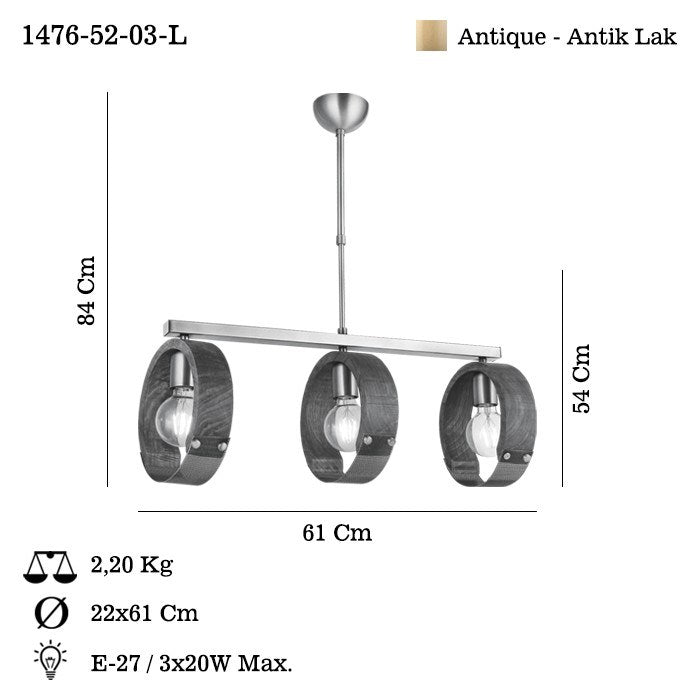 Candeeiro de Teto – 54 - 77 cm – Cor antiga – Metal e Madeira
