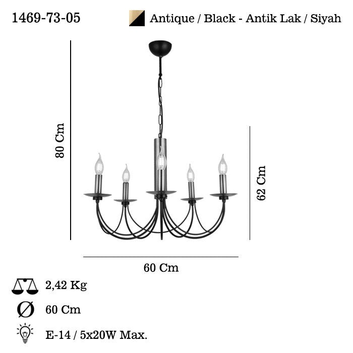 Candeeiro de Teto – 62-80 cm – Preto – Metal