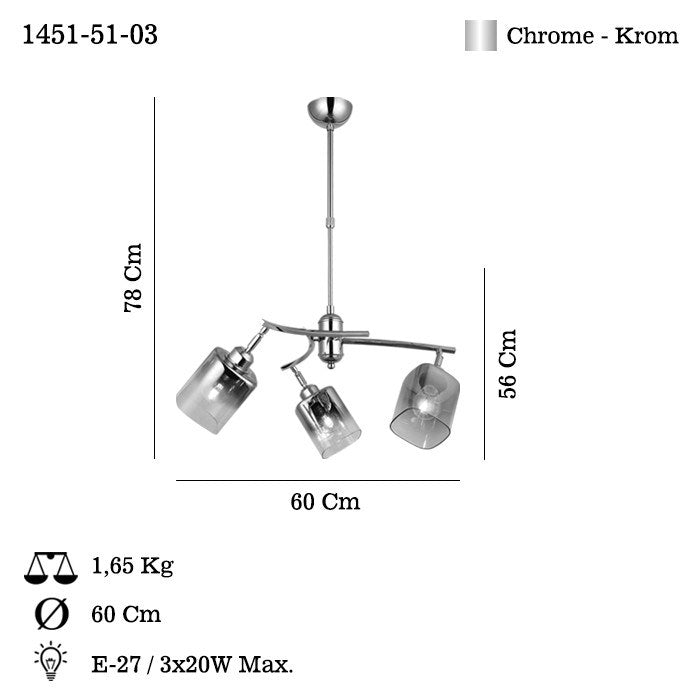 Candeeiro de Teto – 57-80 cm – Cromado – Metal