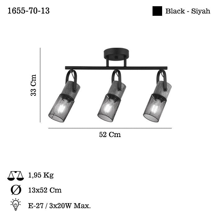 Candeeiro de Teto - 33 cm - Preto - Metal