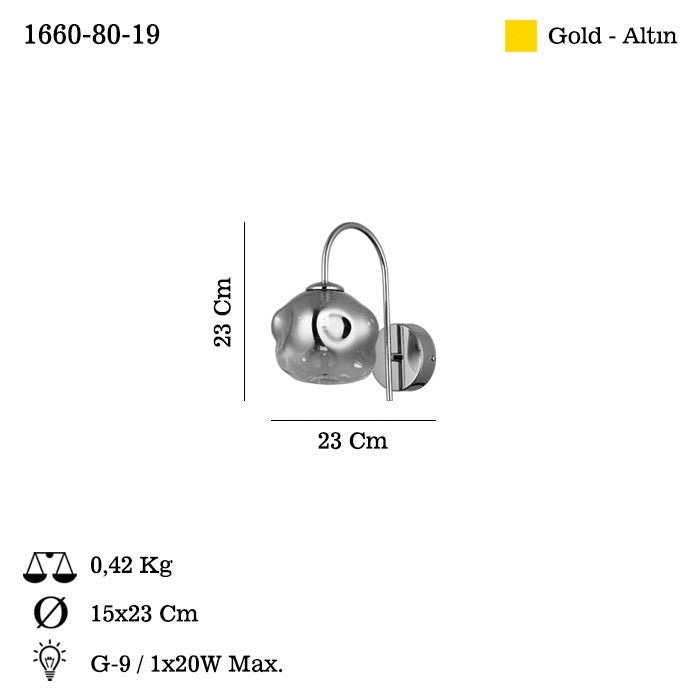 Candeeiro de Parede – Ø18 h: 15 cm – Ouro – Metal e vidro