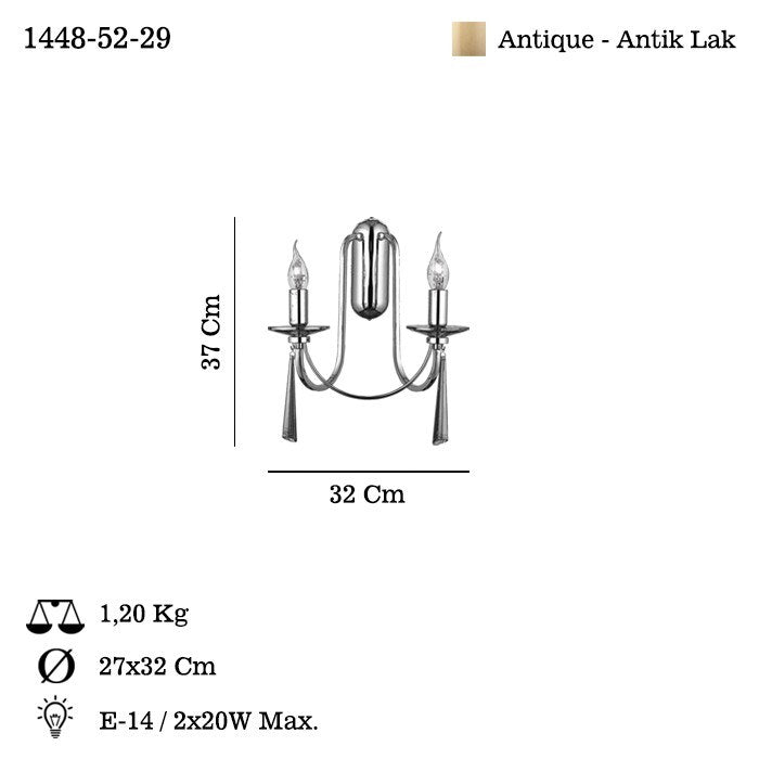 Candeeiro de Parede – 38 cm – Cor antiquada – Metal