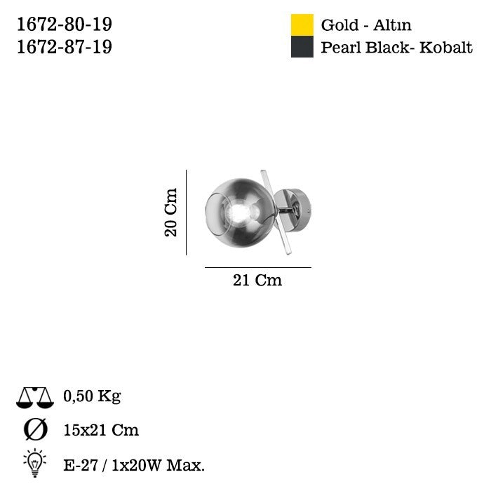 Candeeiro de Parede – Ø15x12,5cm – Ouro – Metal e vidro