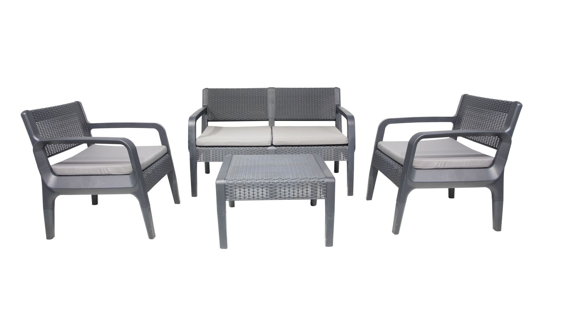 Conjunto de Lounge de Jardim – Sofá de 2 lugares 115 cm x 76 cm x 58 cm, Sofá de 1 lugar 57 cm x 76 cm x 78 cm, Mesa de Café 62 cm x 38 cm x 58 cm – Antracite – Polipropileno