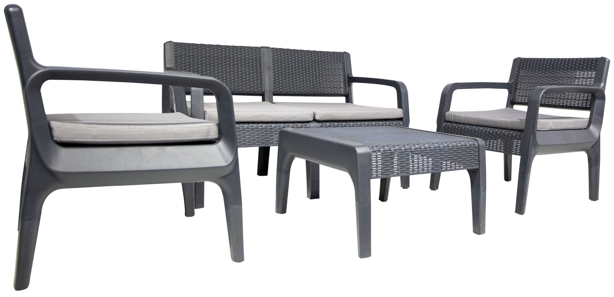 Conjunto de Lounge de Jardim – Sofá de 2 lugares 115 cm x 76 cm x 58 cm, Sofá de 1 lugar 57 cm x 76 cm x 78 cm, Mesa de Café 62 cm x 38 cm x 58 cm – Antracite – Polipropileno