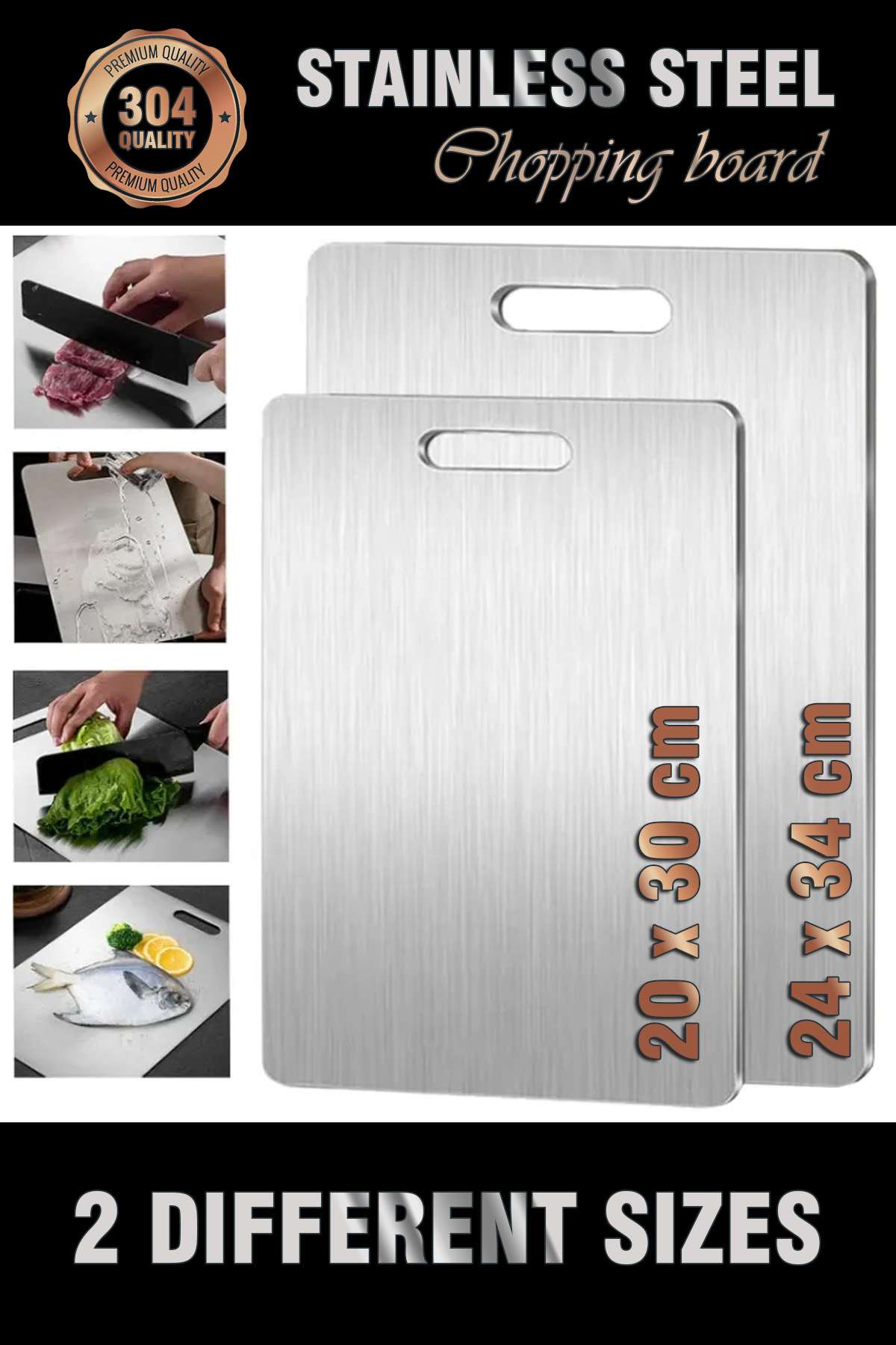 Conjunto de tábuas de corte – 24 x 34 cm e 20 x 30 cm – Prata – Aço inoxidável