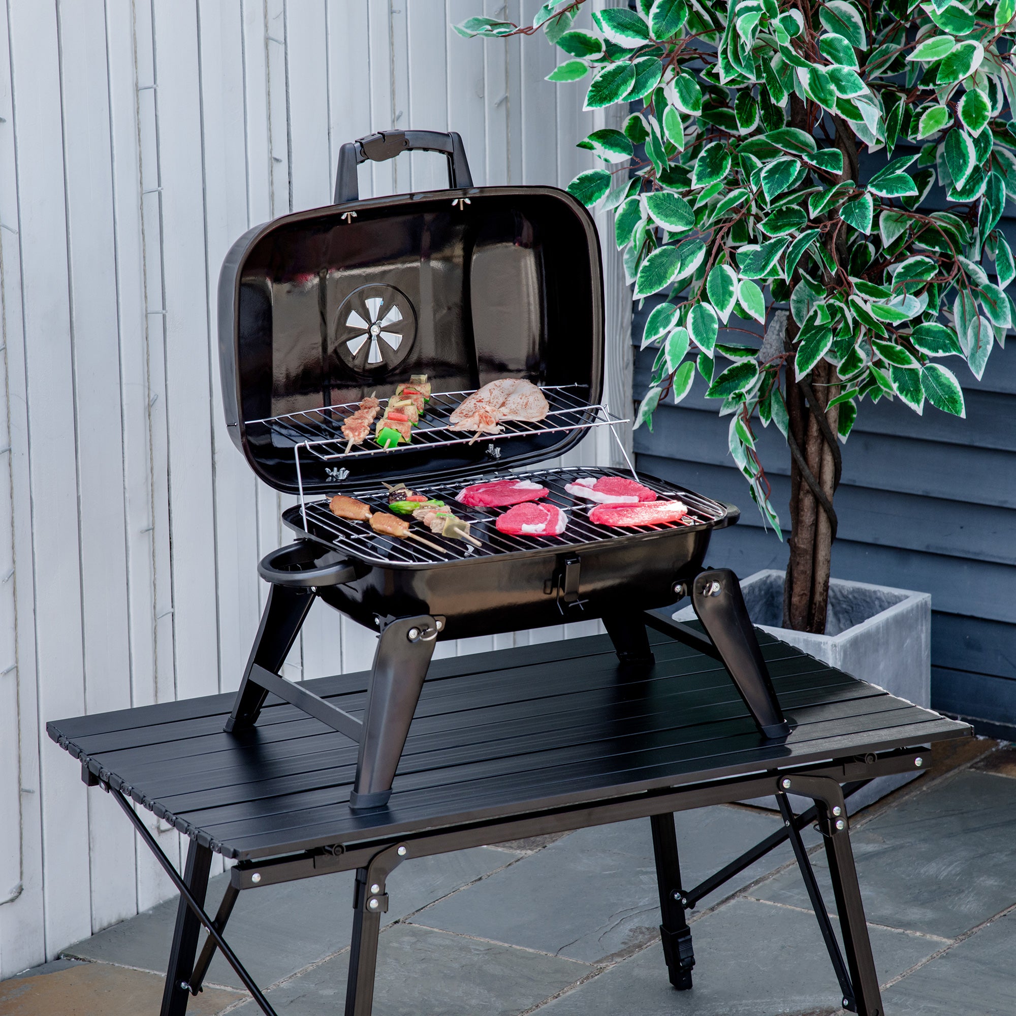 Barbecue a Carvão Portátil Compacto 59x43x39 cm - Preto