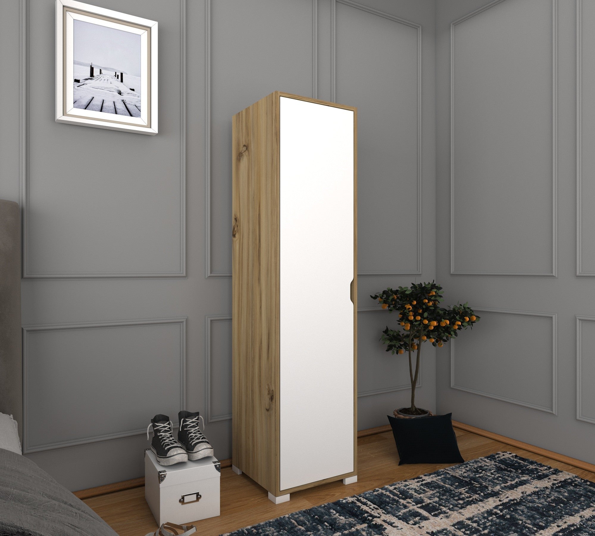 Guarda-roupa de painel de partículas revestido a melamina – 40 cm x 183 cm x 45 cm – Nogueira clara e branco