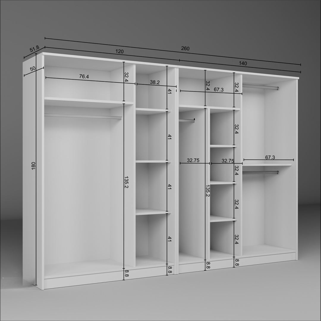 Guarda-roupa de MDF revestido de melamina – 280 cm x 180 cm x 51,8 cm – Branco