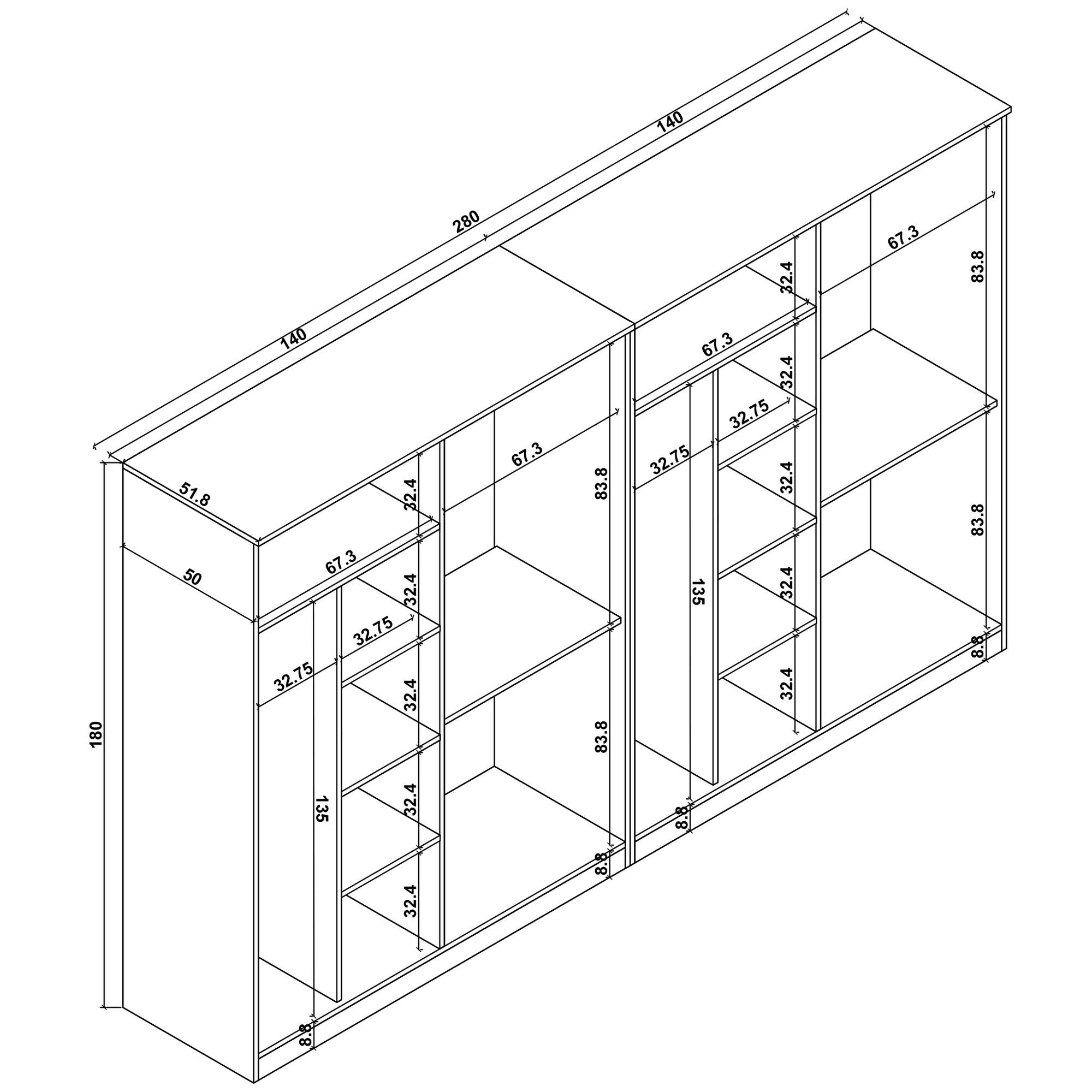 Guarda-roupa de MDF revestido de melamina – 280cm x 180cm x 51,8cm – Pinheiro Atlântico