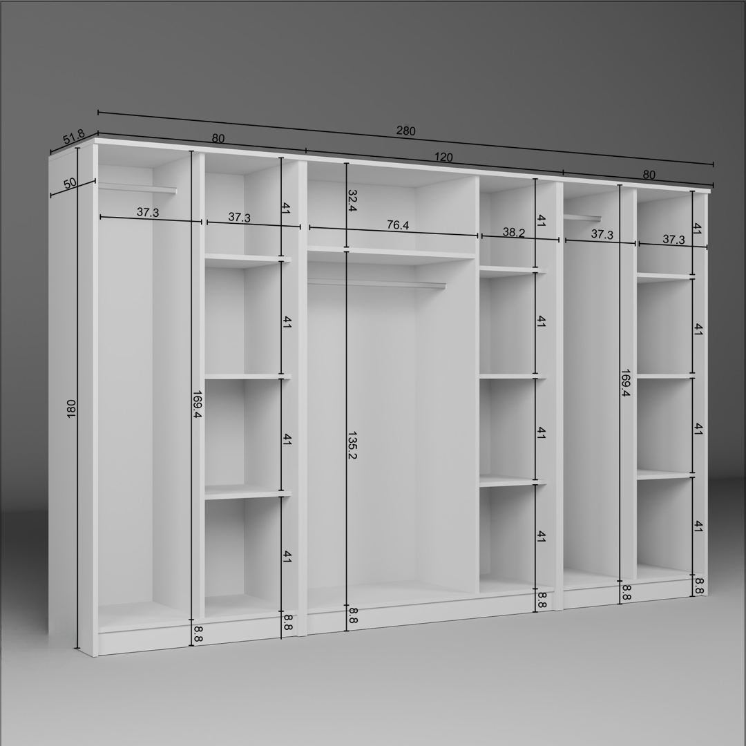 Guarda-roupa de MDF revestido de melamina – 280 cm x 180 cm x 51,8 cm – Branco