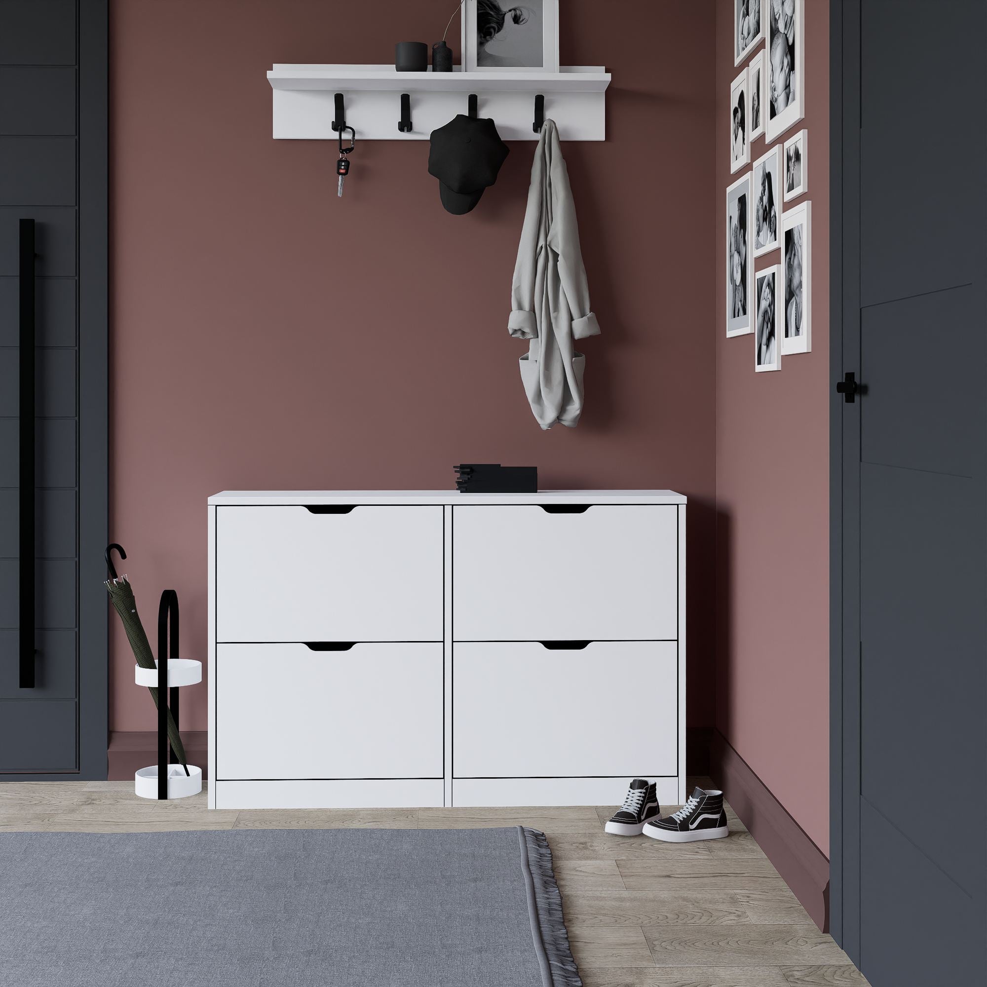 Sapateira estilosa, branco fosco, 120,5 x 79,2 x 30 cm | Painel de partículas 100% revestido em melamina, 18 mm de espessura | Montável na parede com inúmeras prateleiras