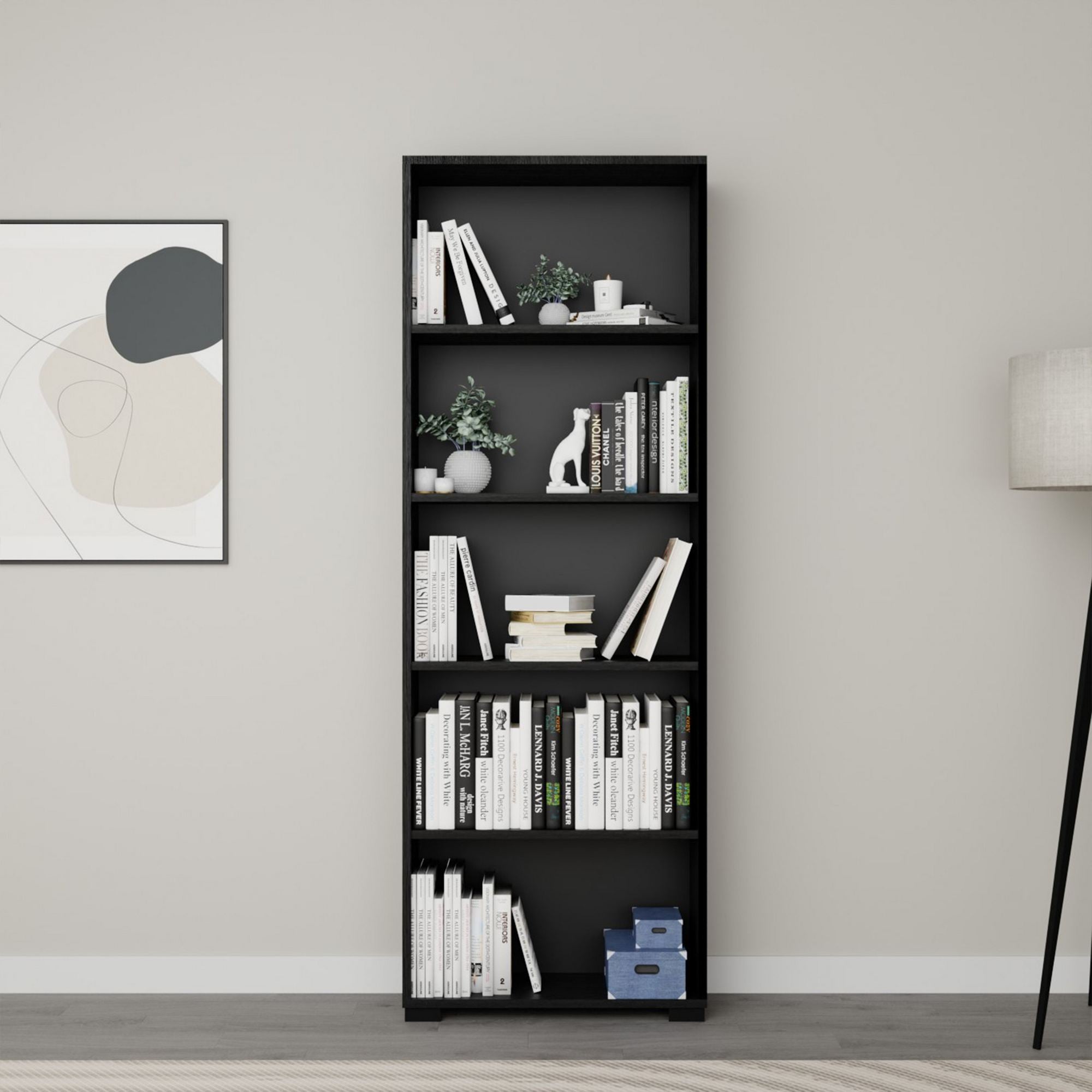 Estante de livros – Largura: 64 cm – Altura: 182 cm – Profundidade: 25 cm – Cor: Preto – Material: MDF