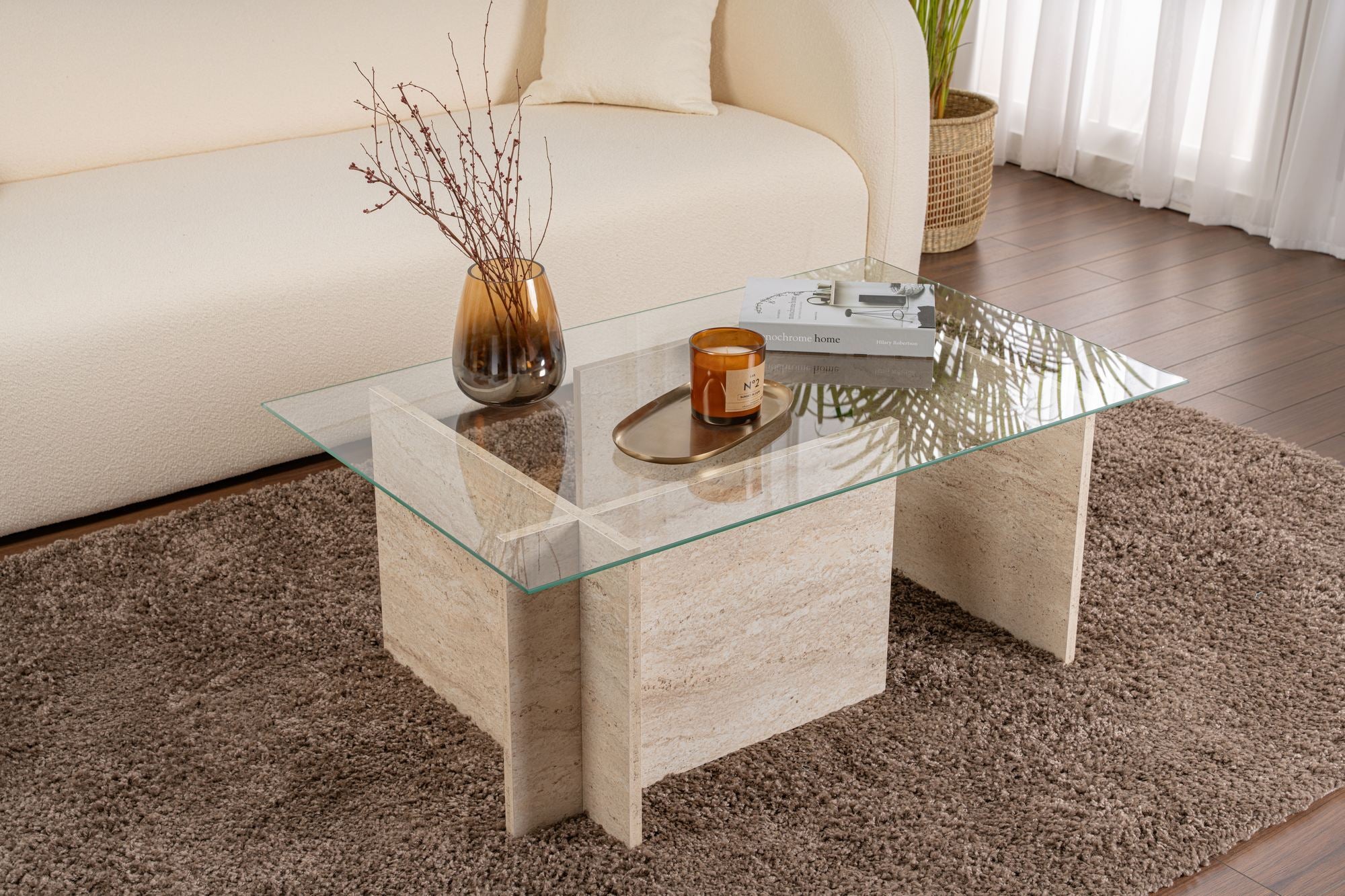 Mesa de Centro Elegante, 105 cm, Cor Travertino | 100% Vidro Temperado e Aglomerado Revestido em Melamina, 18 mm de Espessura | Design Elegante em Mármore para Espaços Modernos
