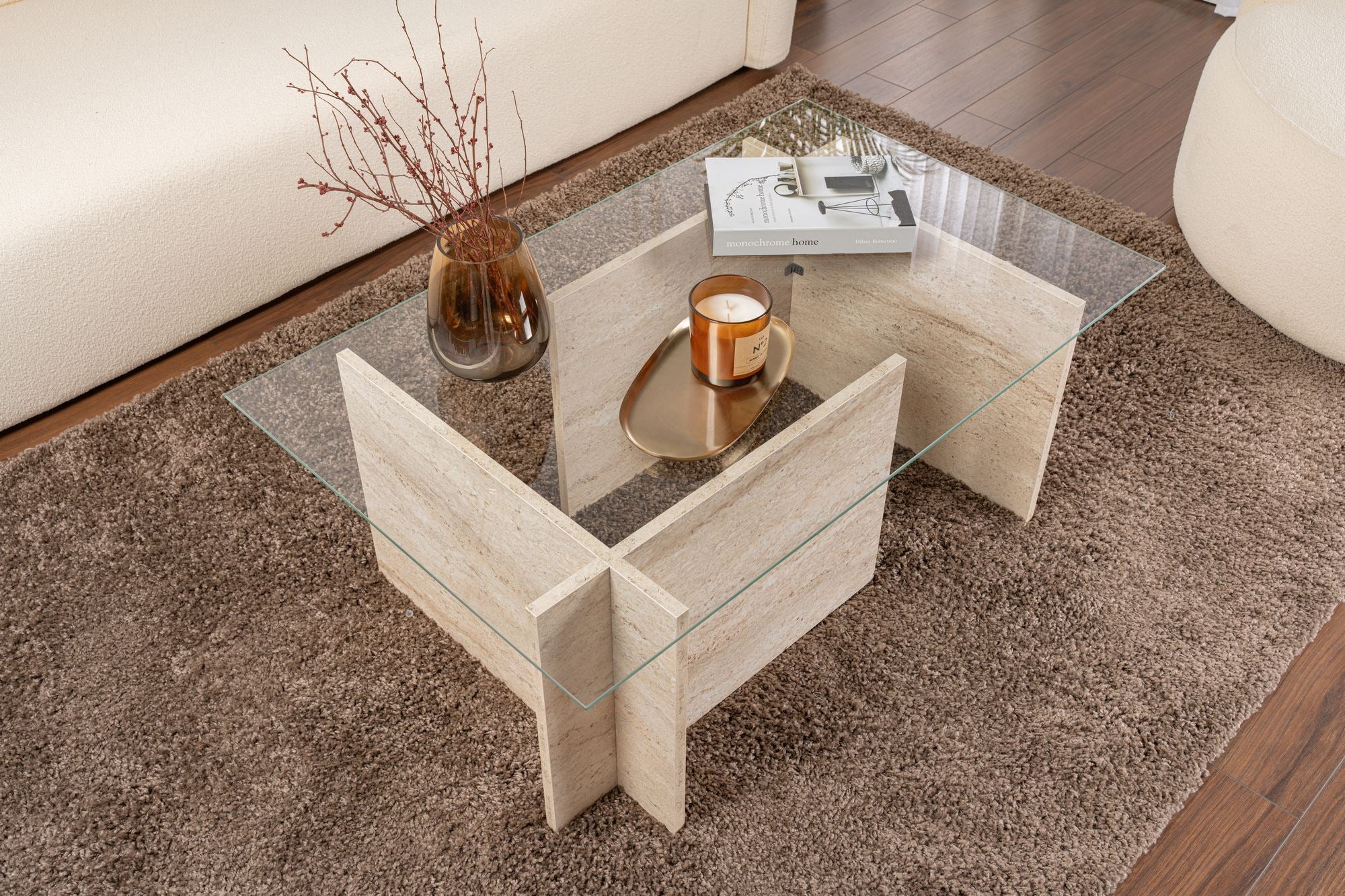 Mesa de Centro Elegante, 105 cm, Cor Travertino | 100% Vidro Temperado e Aglomerado Revestido em Melamina, 18 mm de Espessura | Design Elegante em Mármore para Espaços Modernos