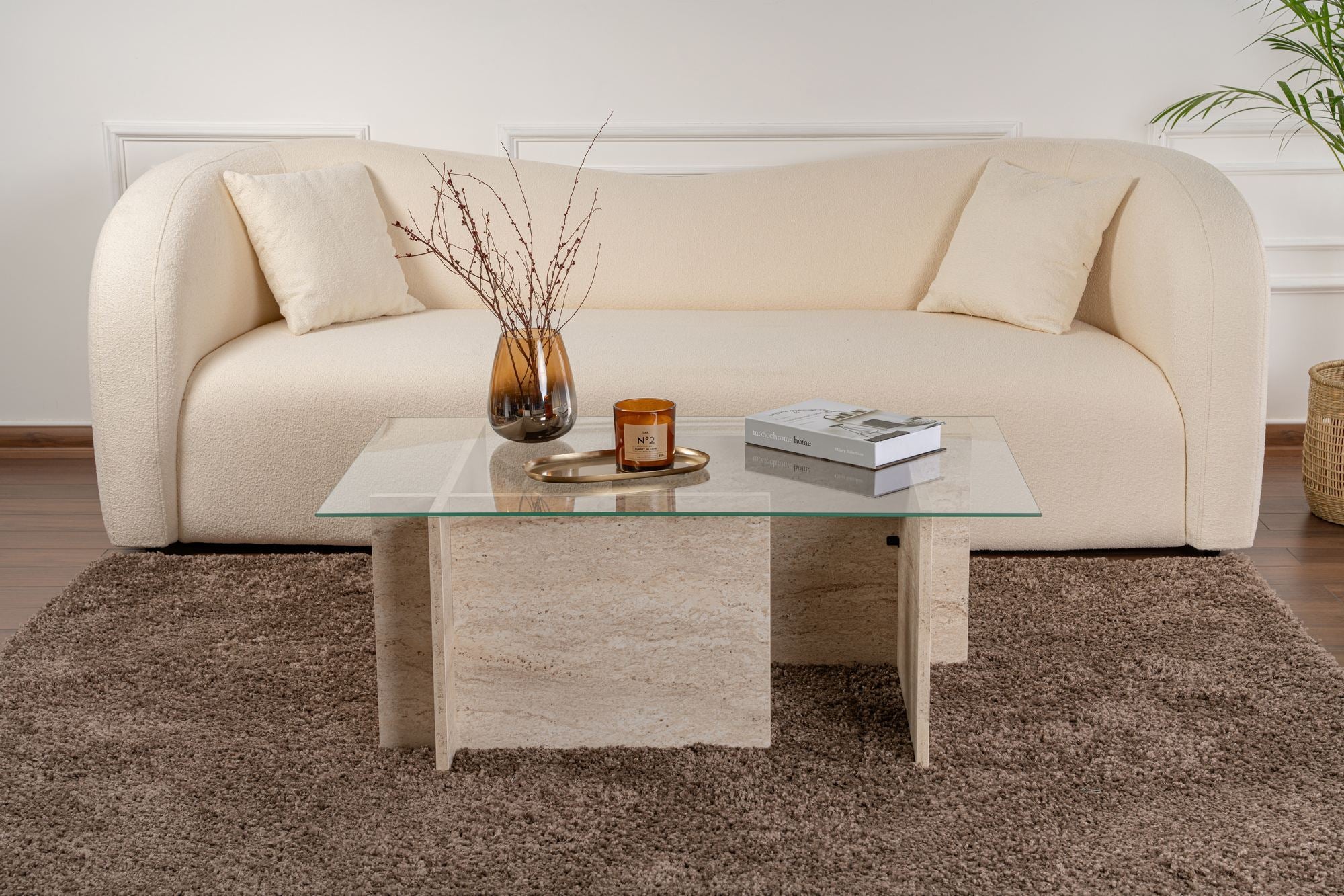 Mesa de Centro Elegante, 105 cm, Cor Travertino | 100% Vidro Temperado e Aglomerado Revestido em Melamina, 18 mm de Espessura | Design Elegante em Mármore para Espaços Modernos