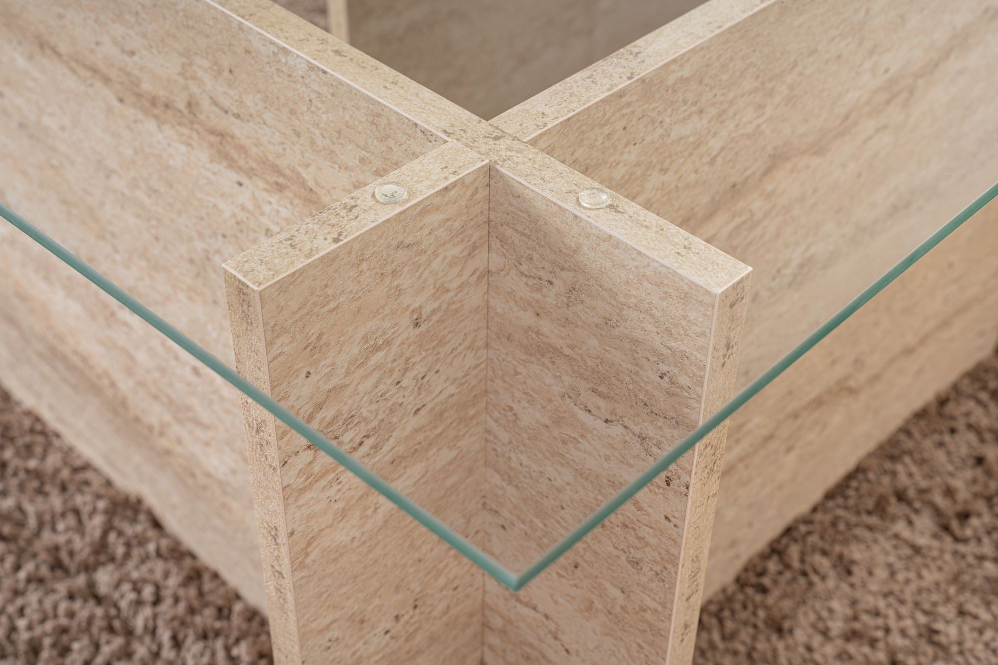 Mesa de Centro Elegante, 105 cm, Cor Travertino | 100% Vidro Temperado e Aglomerado Revestido em Melamina, 18 mm de Espessura | Design Elegante em Mármore para Espaços Modernos