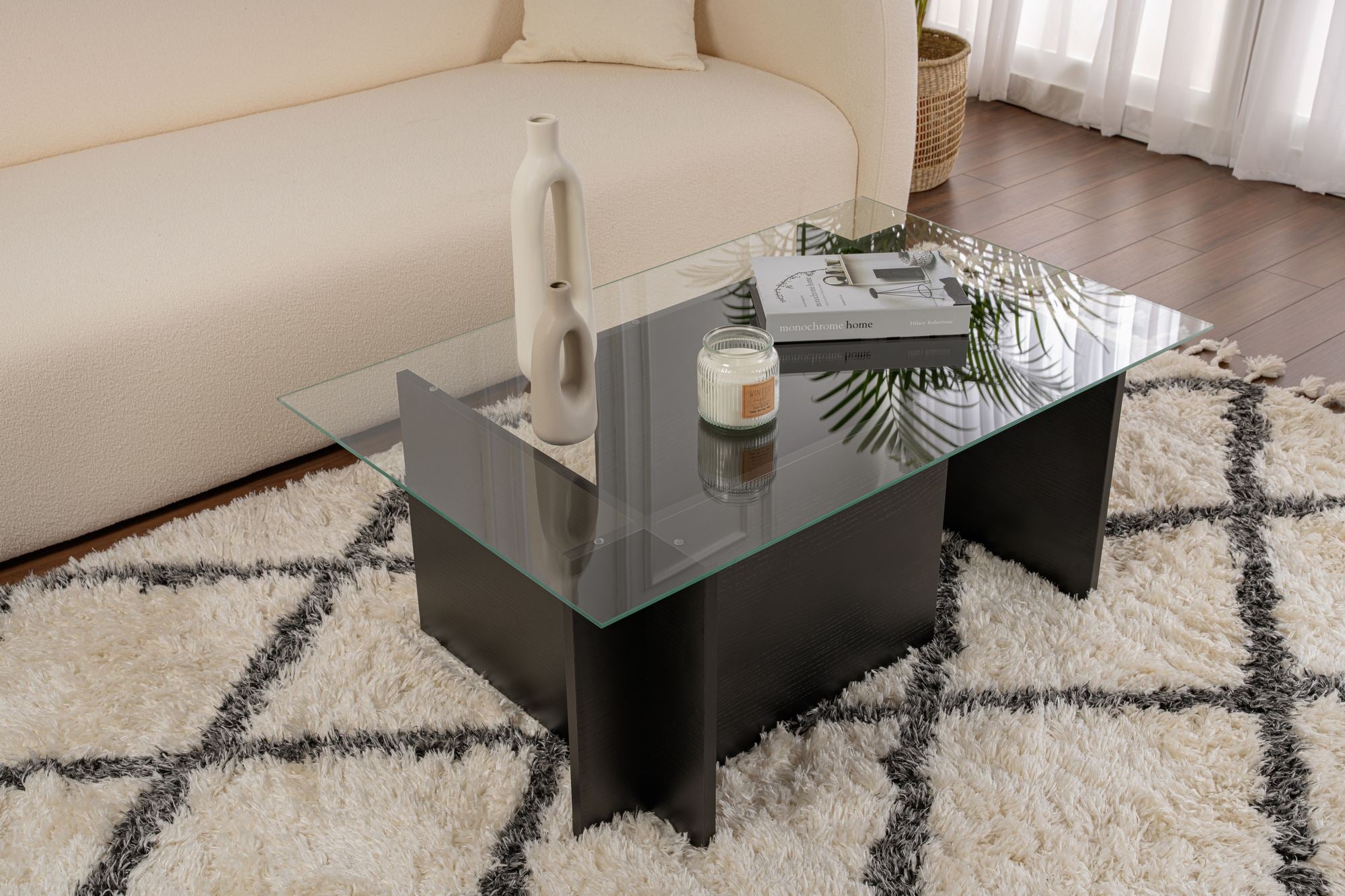 Mesa de Centro Elegante, Acabamento em Madeira Preta, 105 x 40 x 65 cm | Tampo 100% Vidro Temperado, Estrutura com Revestimento em Melamina de 18 mm de Espessura | Design Moderno para Sala de Estar