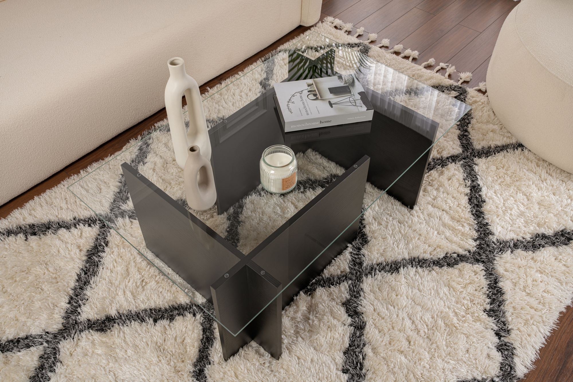 Mesa de Centro Elegante, Acabamento em Madeira Preta, 105 x 40 x 65 cm | Tampo 100% Vidro Temperado, Estrutura com Revestimento em Melamina de 18 mm de Espessura | Design Moderno para Sala de Estar
