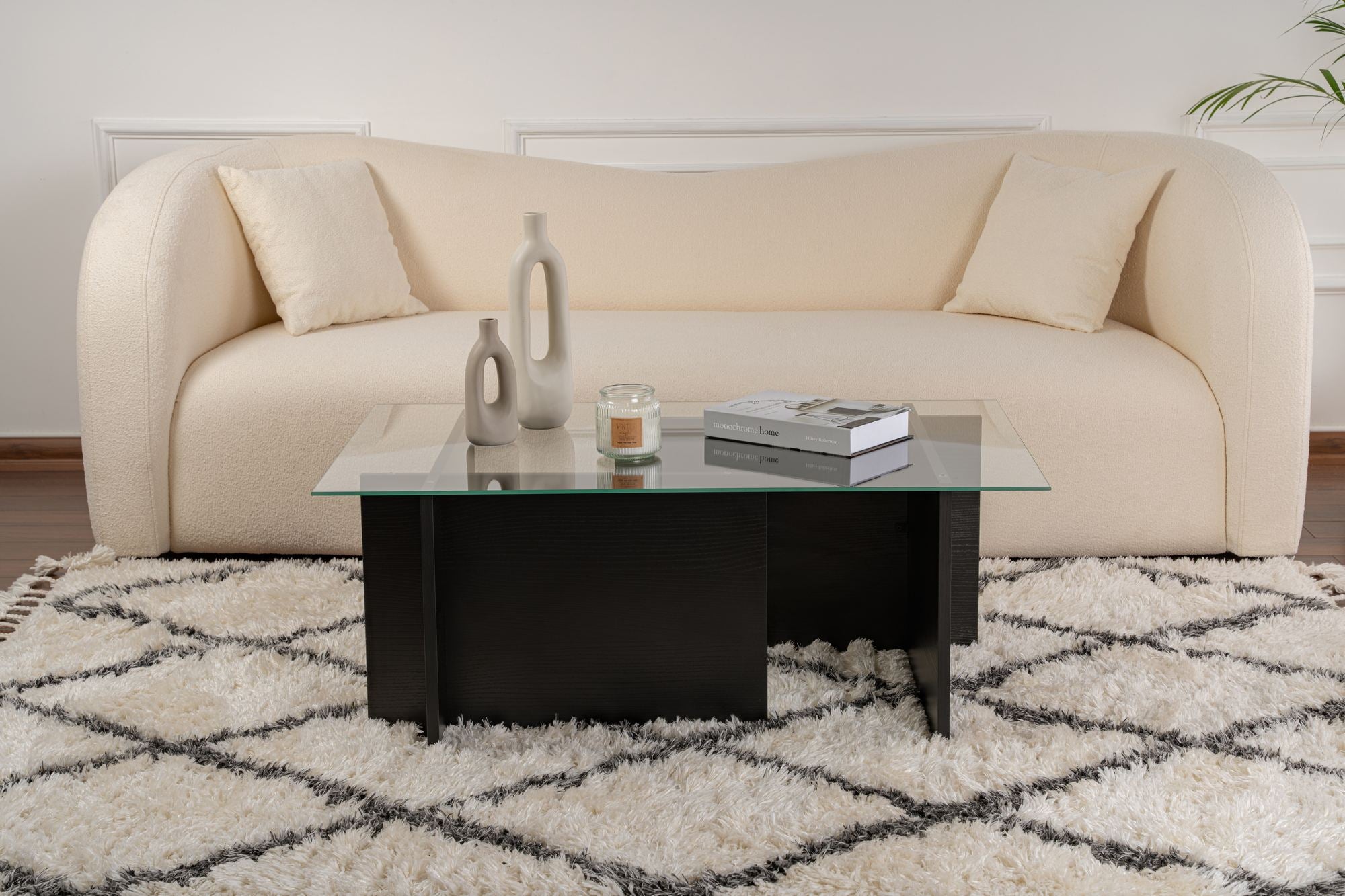 Mesa de Centro Elegante, Acabamento em Madeira Preta, 105 x 40 x 65 cm | Tampo 100% Vidro Temperado, Estrutura com Revestimento em Melamina de 18 mm de Espessura | Design Moderno para Sala de Estar