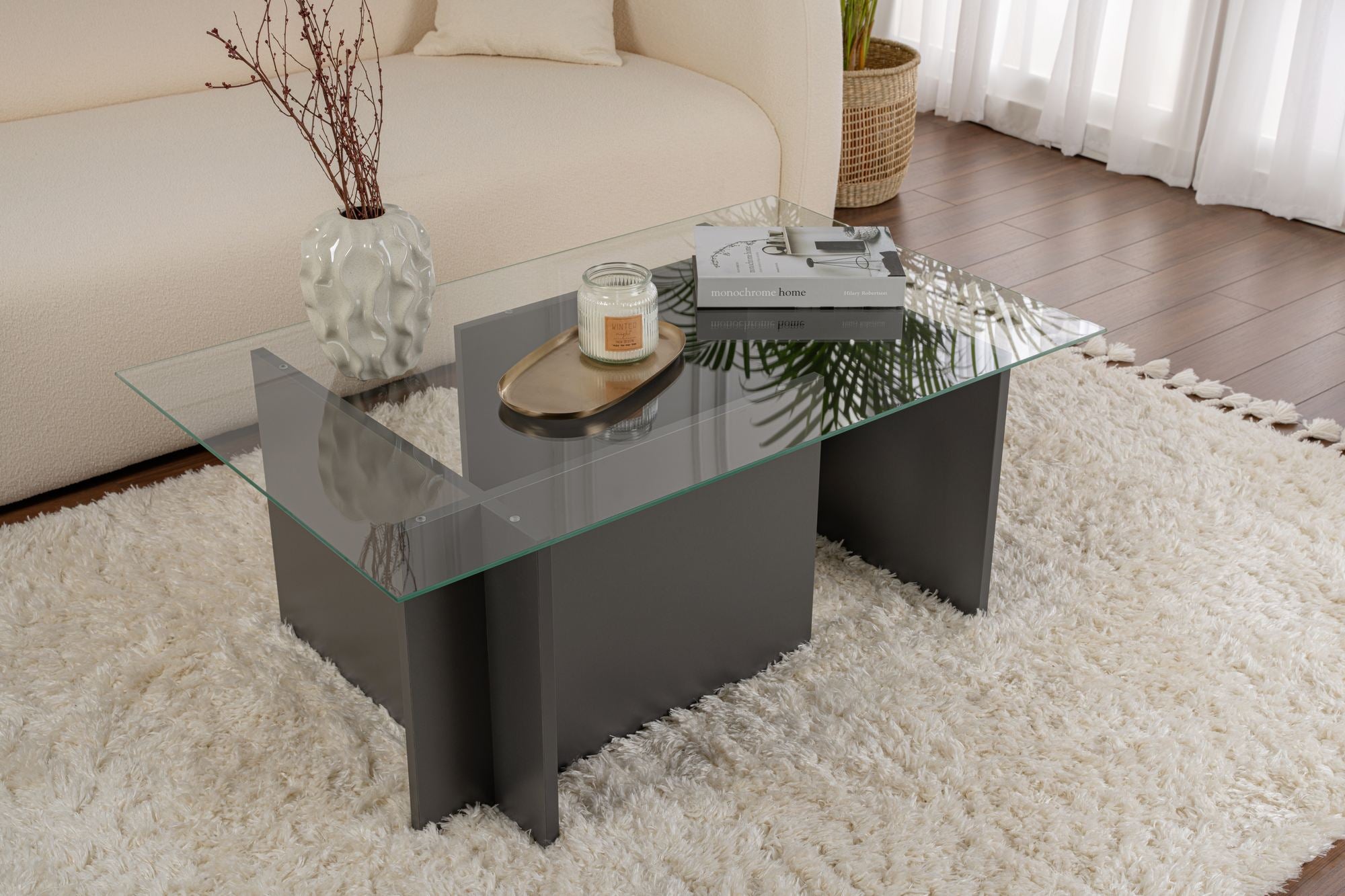 Mesa de Centro Elegante, Antracite, 105 x 40 x 65 cm | Tampo 100% Vidro Temperado, Estrutura 100% Aglomerado Revestido com Melamina, Design Durável e Moderno