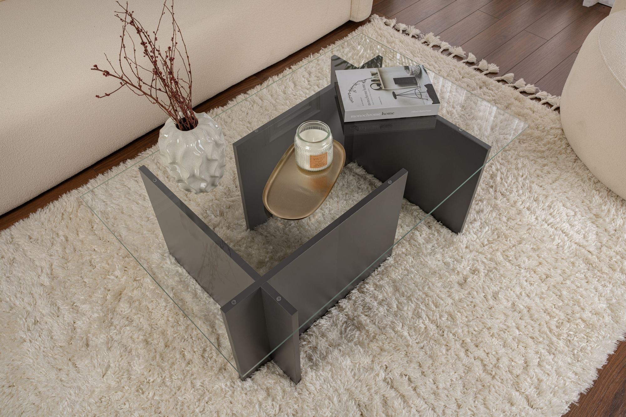 Mesa de Centro Elegante, Antracite, 105 x 40 x 65 cm | Tampo 100% Vidro Temperado, Estrutura 100% Aglomerado Revestido com Melamina, Design Durável e Moderno