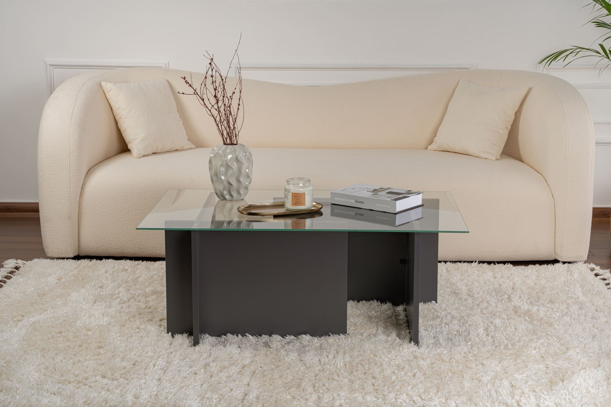 Mesa de Centro Elegante, Antracite, 105 x 40 x 65 cm | Tampo 100% Vidro Temperado, Estrutura 100% Aglomerado Revestido com Melamina, Design Durável e Moderno