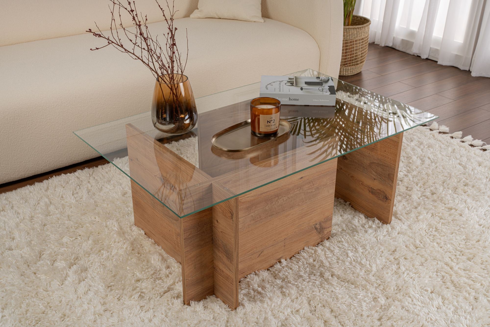 Mesa de Centro Elegante, Pinho Atlântico, 105 x 65 x 40 cm | Tampo 100% Vidro Temperado, 100% Aglomerado Revestido em Melamina, 18 mm de Espessura | Design Moderno para Sala de Estar