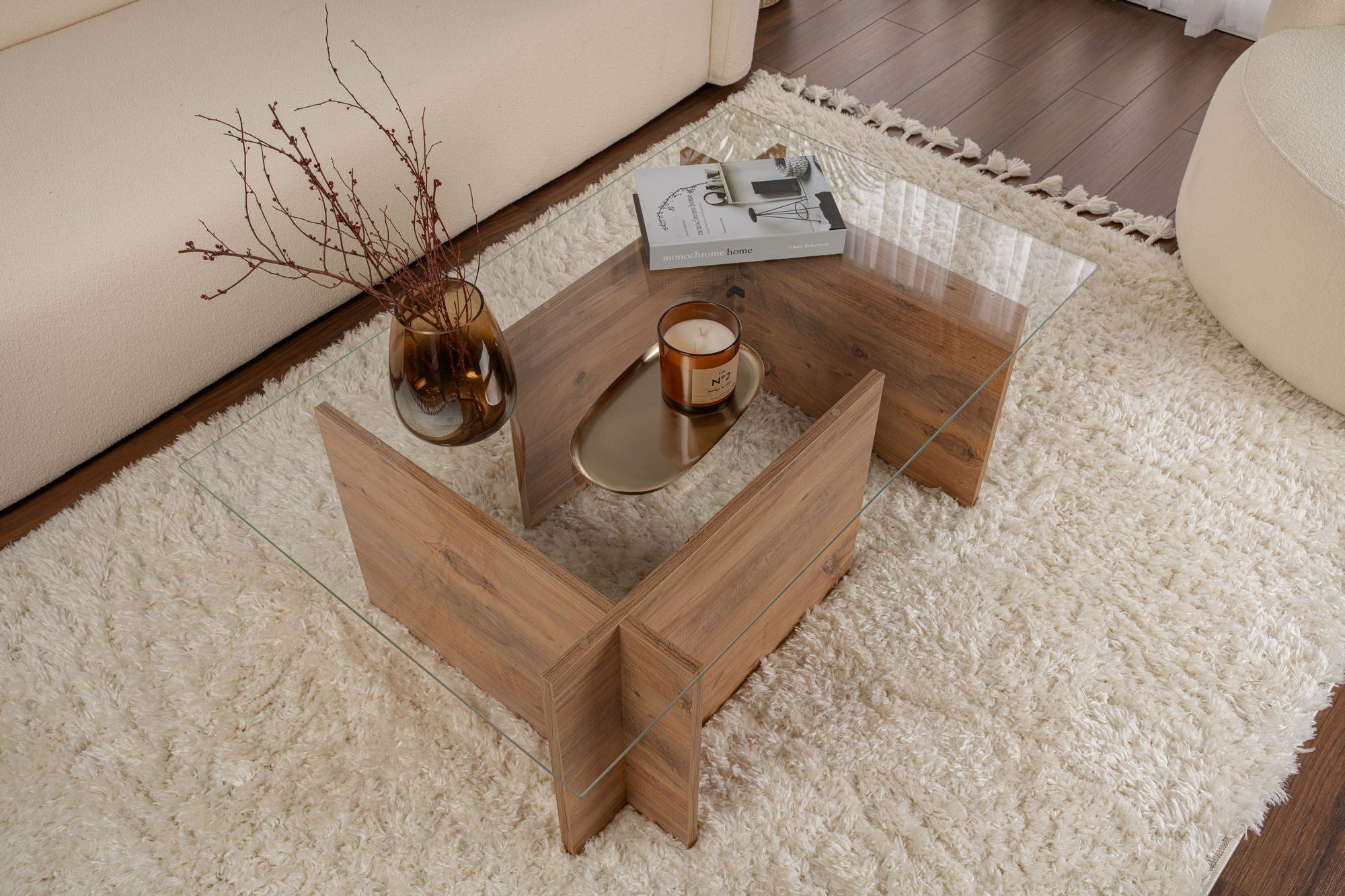 Mesa de Centro Elegante, Pinho Atlântico, 105 x 65 x 40 cm | Tampo 100% Vidro Temperado, 100% Aglomerado Revestido em Melamina, 18 mm de Espessura | Design Moderno para Sala de Estar