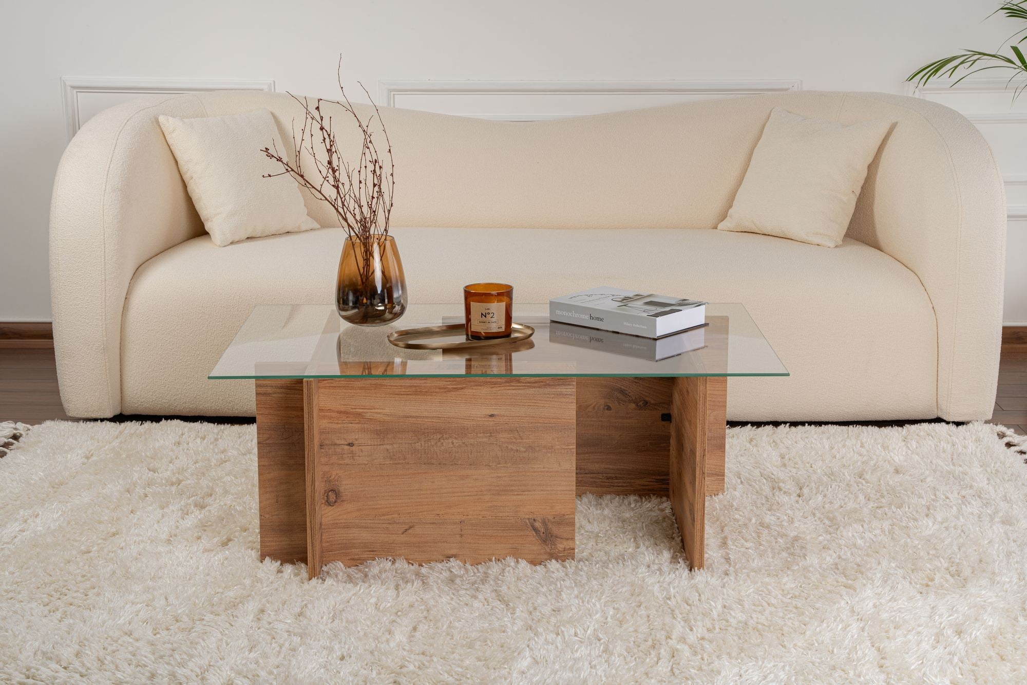 Mesa de Centro Elegante, Pinho Atlântico, 105 x 65 x 40 cm | Tampo 100% Vidro Temperado, 100% Aglomerado Revestido em Melamina, 18 mm de Espessura | Design Moderno para Sala de Estar