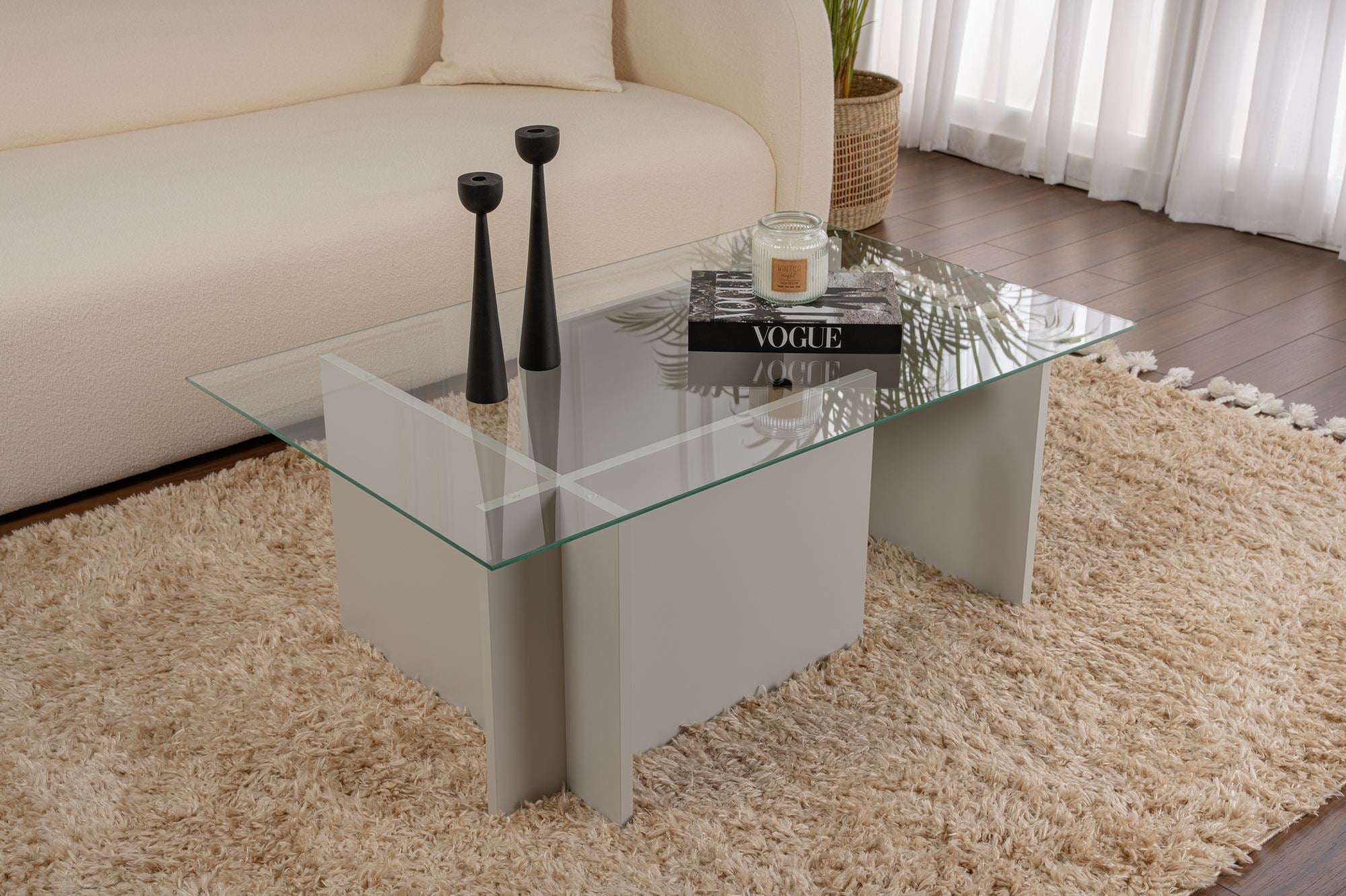 Mesa de Centro Cinza Elegante, 105 x 65 x 40 cm | Tampo 100% Vidro Temperado, Estrutura 100% Aglomerado Revestido em Melamina, 18 mm de Espessura | Design Moderno para Sala de Estar