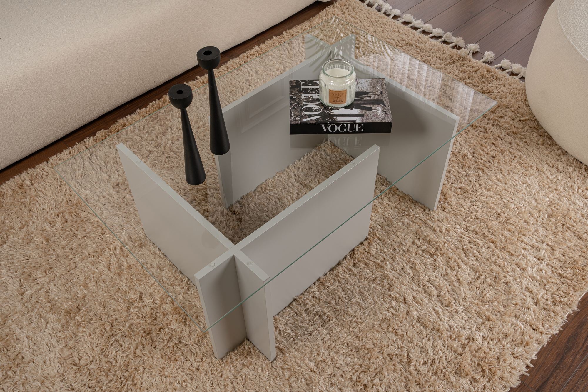 Mesa de Centro Cinza Elegante, 105 x 65 x 40 cm | Tampo 100% Vidro Temperado, Estrutura 100% Aglomerado Revestido em Melamina, 18 mm de Espessura | Design Moderno para Sala de Estar