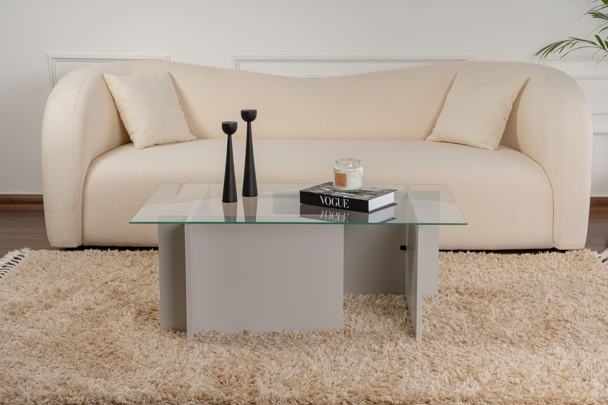 Mesa de Centro Cinza Elegante, 105 x 65 x 40 cm | Tampo 100% Vidro Temperado, Estrutura 100% Aglomerado Revestido em Melamina, 18 mm de Espessura | Design Moderno para Sala de Estar