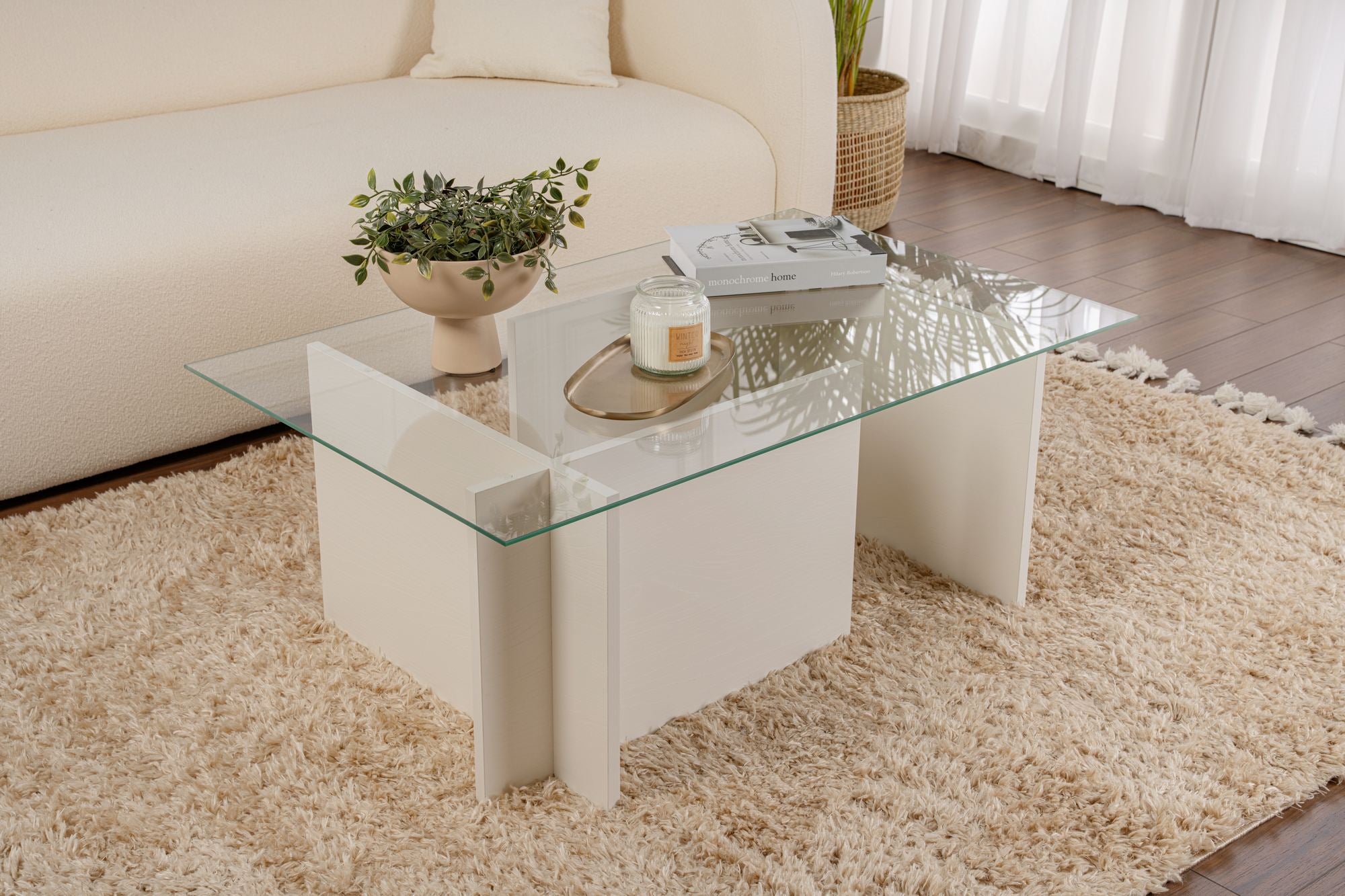 Mesa de Centro Elegante, 105 cm x 40 cm x 65 cm | Tampo 100% Vidro Temperado, Estrutura 100% Aglomerado Revestido com Melamina | Acabamento Branco Elegante para Espaços Modernos