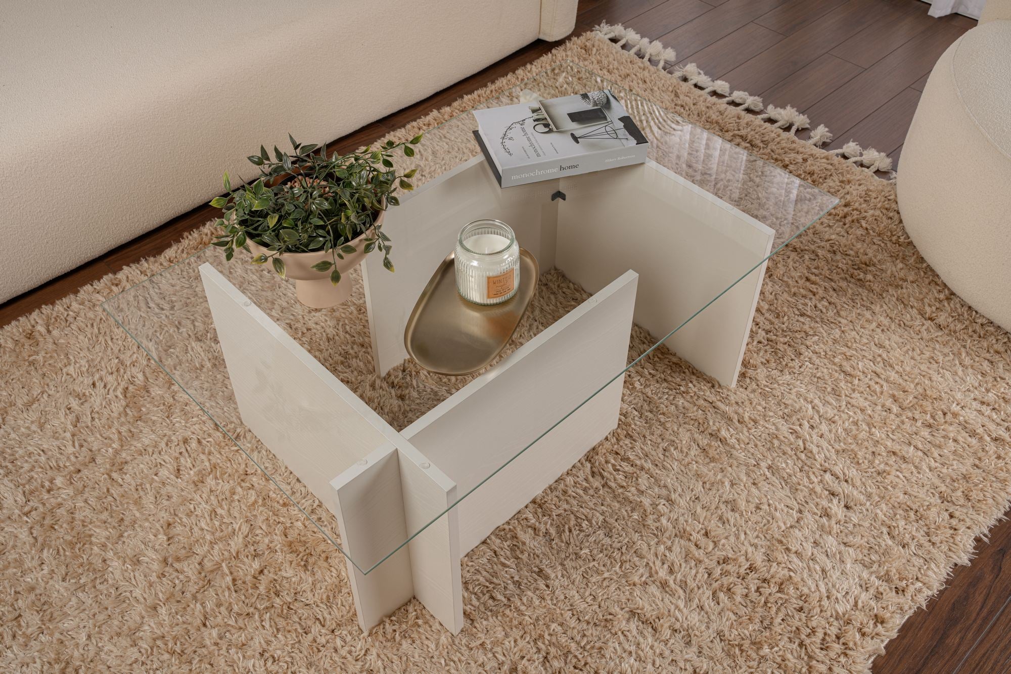 Mesa de Centro Elegante, 105 cm x 40 cm x 65 cm | Tampo 100% Vidro Temperado, Estrutura 100% Aglomerado Revestido com Melamina | Acabamento Branco Elegante para Espaços Modernos
