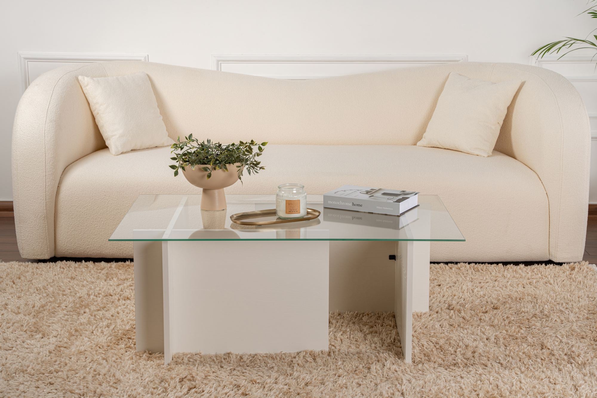 Mesa de Centro Elegante, 105 cm x 40 cm x 65 cm | Tampo 100% Vidro Temperado, Estrutura 100% Aglomerado Revestido com Melamina | Acabamento Branco Elegante para Espaços Modernos