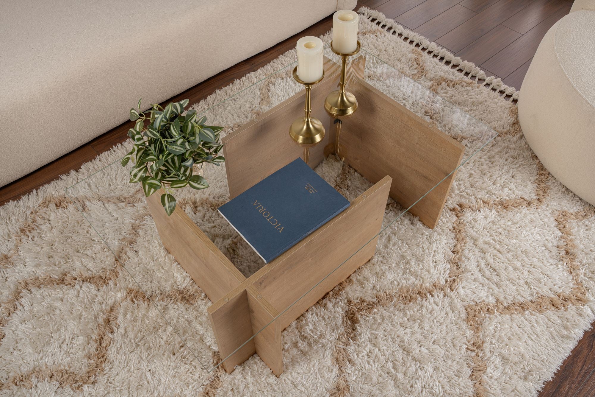 Mesa de Centro Elegante, Carvalho Mel, 105 x 65 x 40 cm | Tampo 100% Vidro Temperado, Estrutura com Revestimento em Melamina de 18 mm | Perfeita para Salas de Estar Modernas