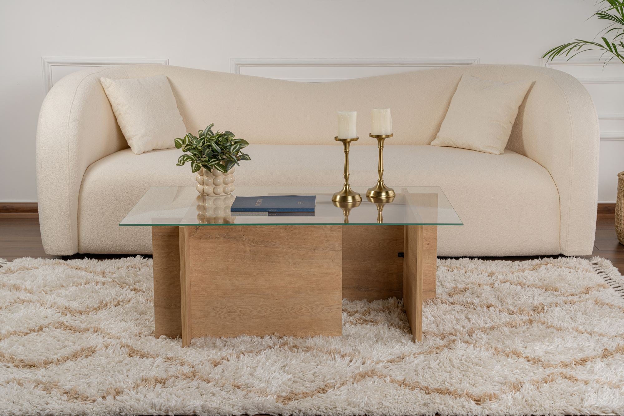 Mesa de Centro Elegante, Carvalho Mel, 105 x 65 x 40 cm | Tampo 100% Vidro Temperado, Estrutura com Revestimento em Melamina de 18 mm | Perfeita para Salas de Estar Modernas