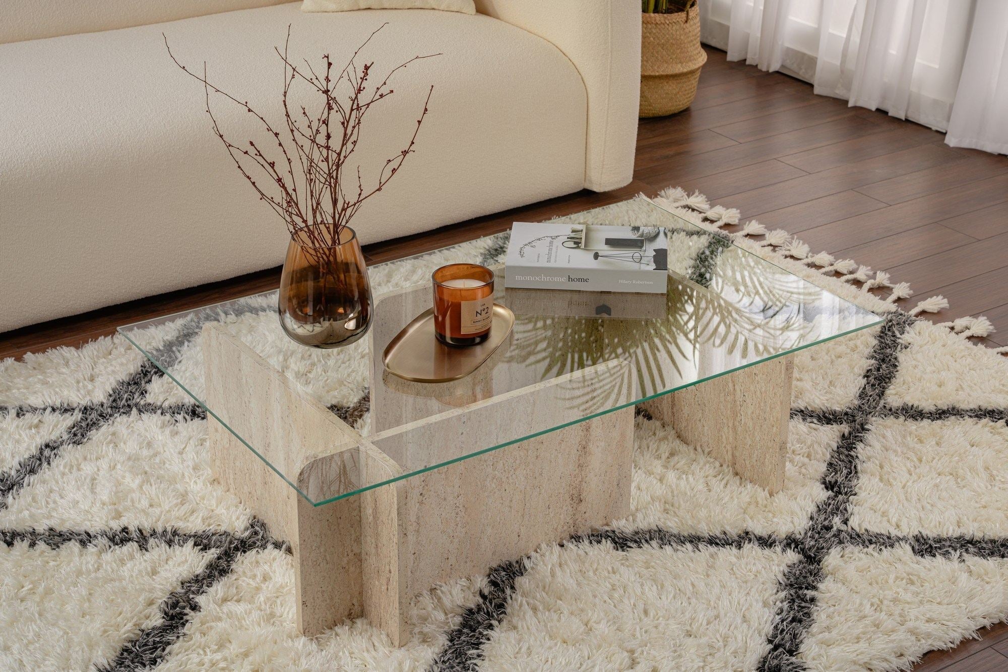 Mesa de Centro Elegante, 105 cm x 30 cm x 65 cm, Design em Mármore Travertino | Estrutura 100% Vidro Temperado e Revestimento em Melamina, 18 mm de Espessura | Elegante e Durável