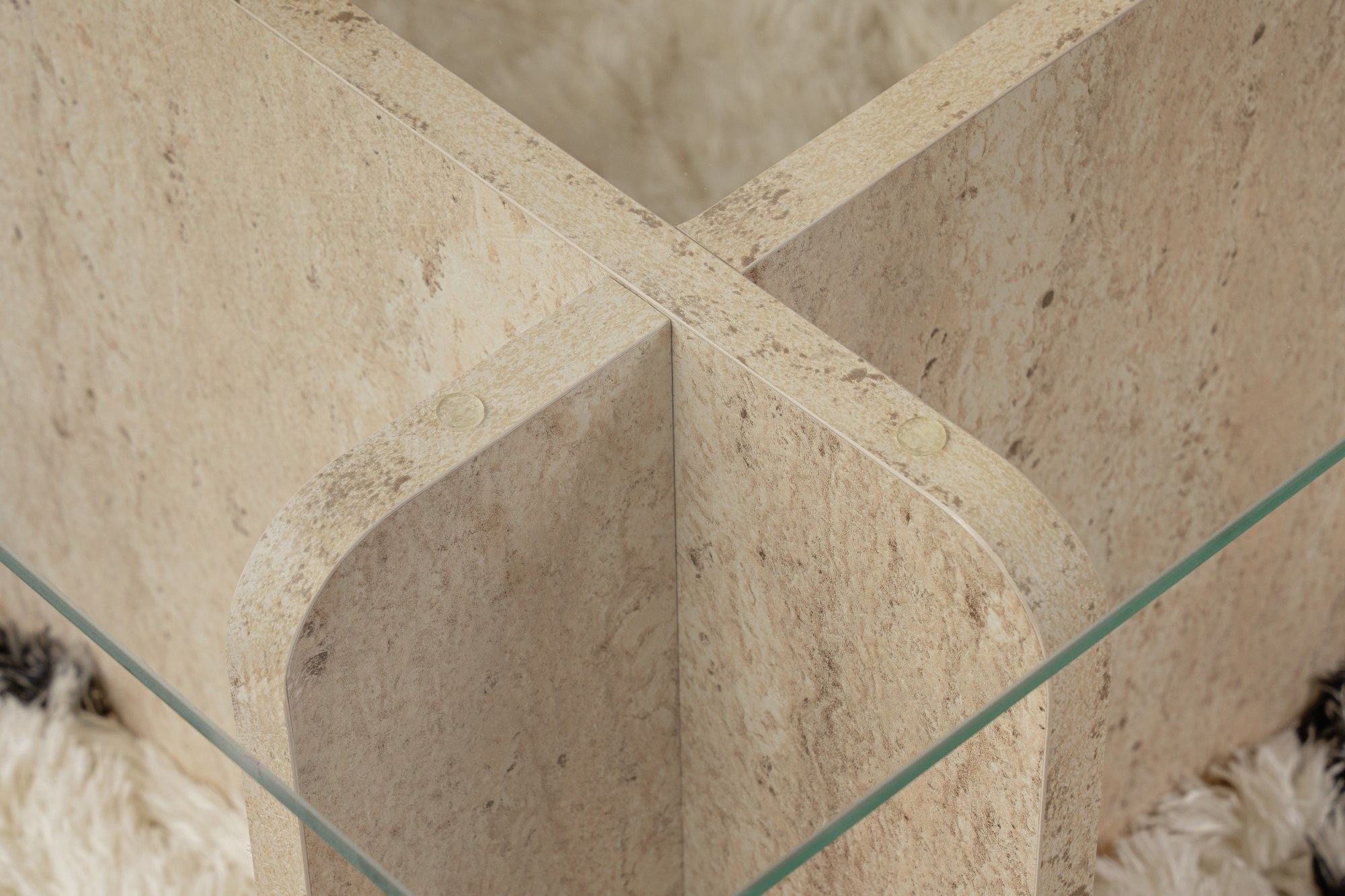 Mesa de Centro Elegante, 105 cm x 30 cm x 65 cm, Design em Mármore Travertino | Estrutura 100% Vidro Temperado e Revestimento em Melamina, 18 mm de Espessura | Elegante e Durável