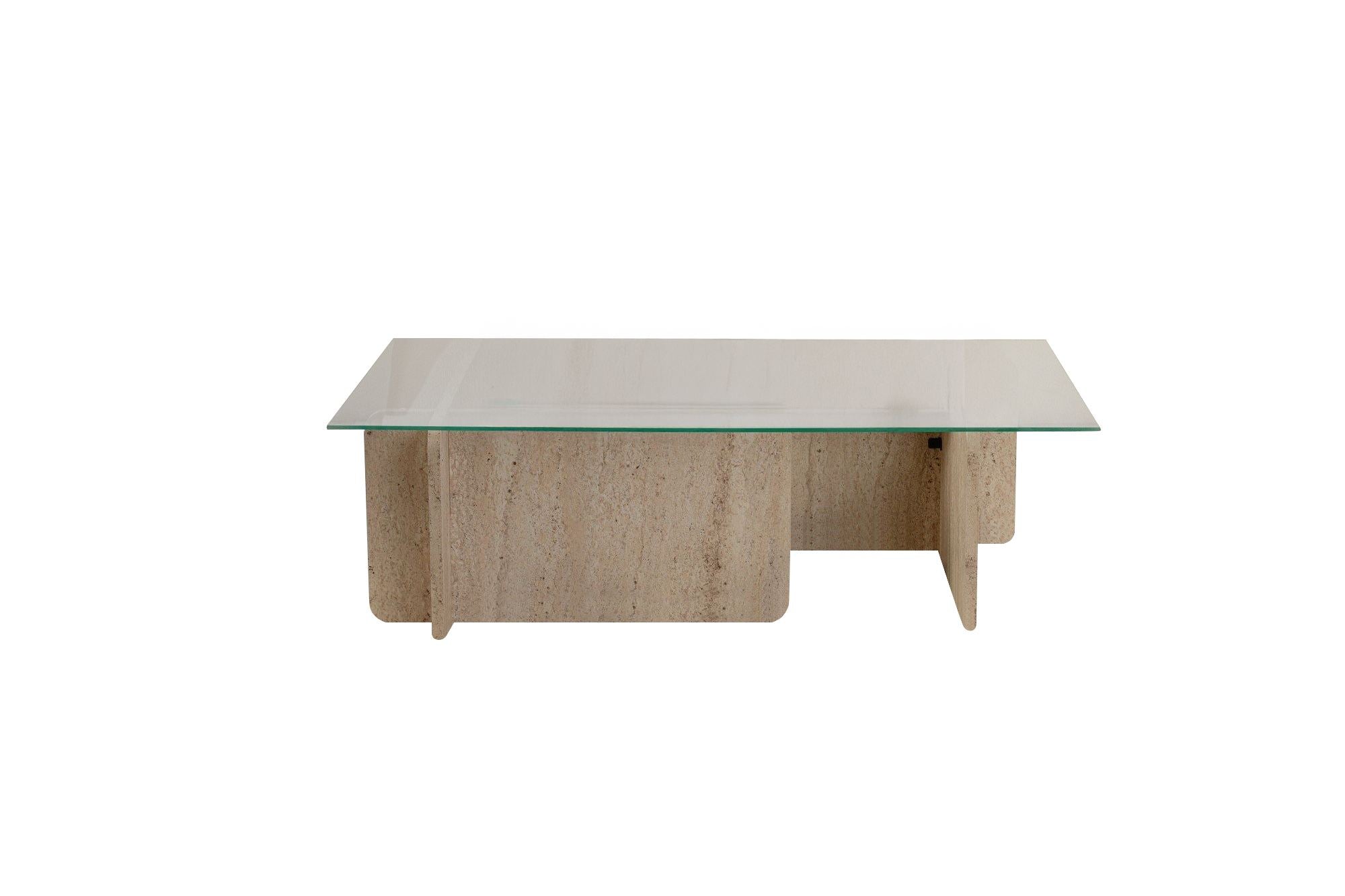 Mesa de Centro Elegante, 105 cm x 30 cm x 65 cm, Design em Mármore Travertino | Estrutura 100% Vidro Temperado e Revestimento em Melamina, 18 mm de Espessura | Elegante e Durável