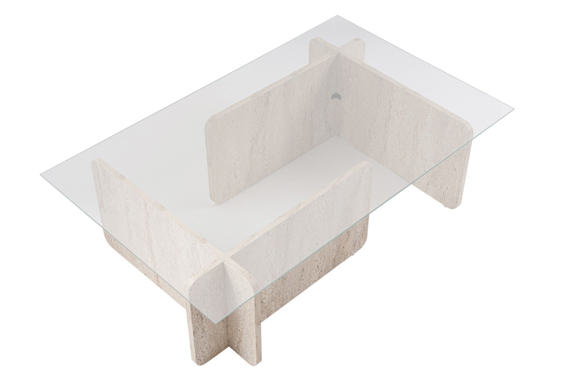 Mesa de Centro Elegante, 105 cm x 30 cm x 65 cm, Design em Mármore Travertino | Estrutura 100% Vidro Temperado e Revestimento em Melamina, 18 mm de Espessura | Elegante e Durável