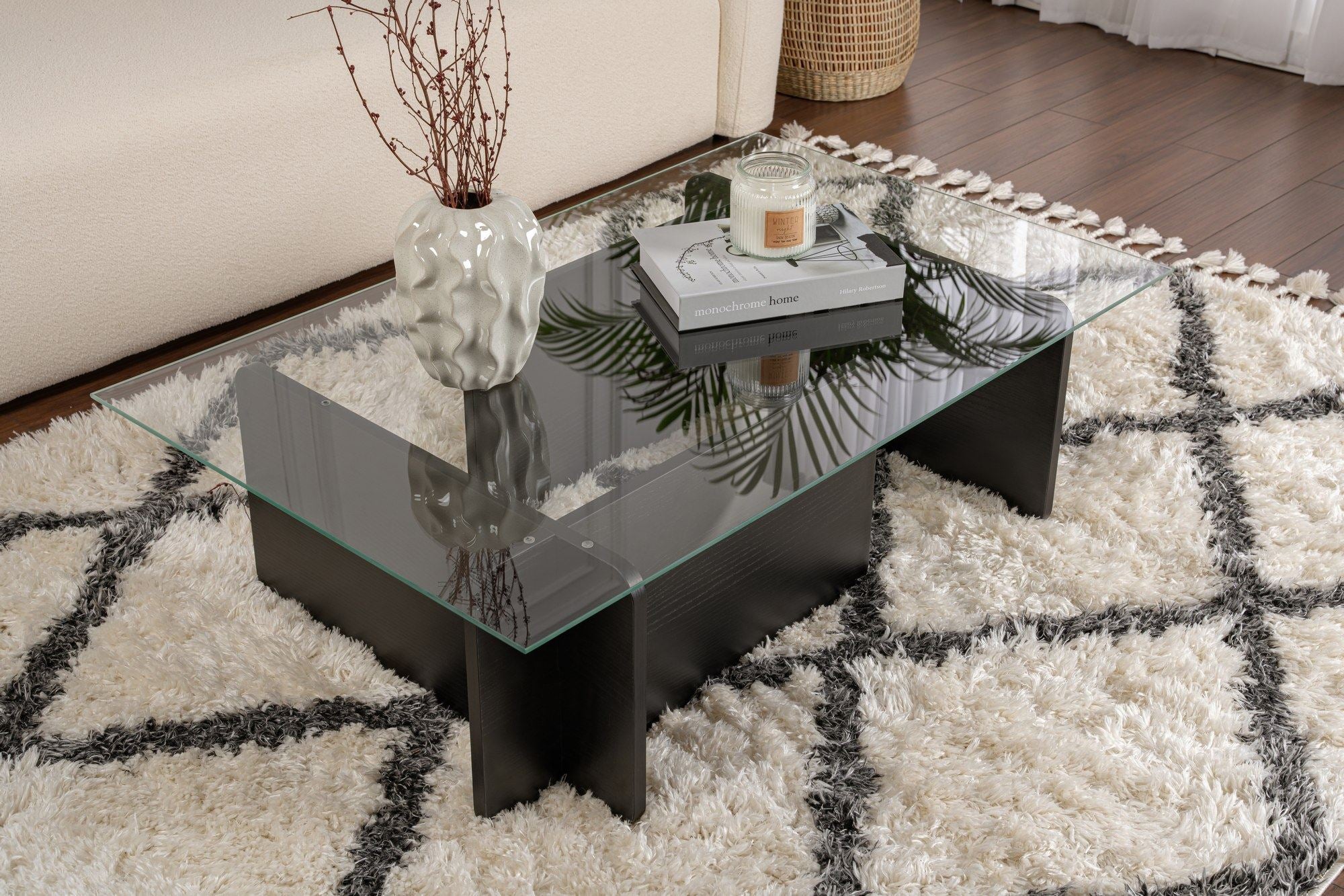 Mesa de Centro Elegante, Acabamento em Madeira Preta, 105 x 30 x 65 cm | Tampo 100% Vidro Temperado, Estrutura com Revestimento em Melamina de 18 mm de Espessura | Design Moderno e Elegante