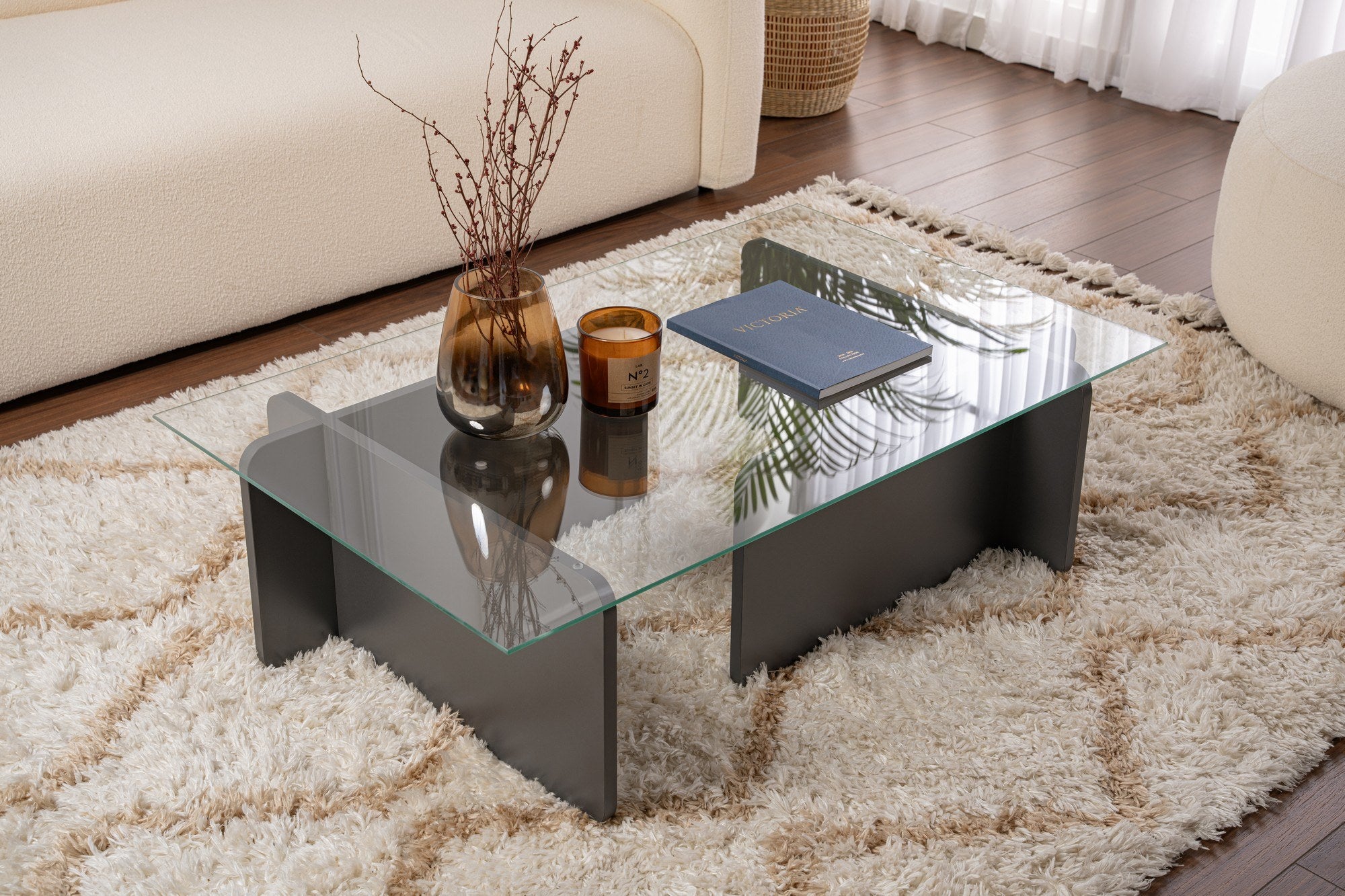 Mesa de Centro Elegante, Antracite, 105 x 30 x 65 cm | Tampo 100% Vidro Temperado, Estrutura 100% Aglomerado Revestido com Melamina, Design Durável e Moderno