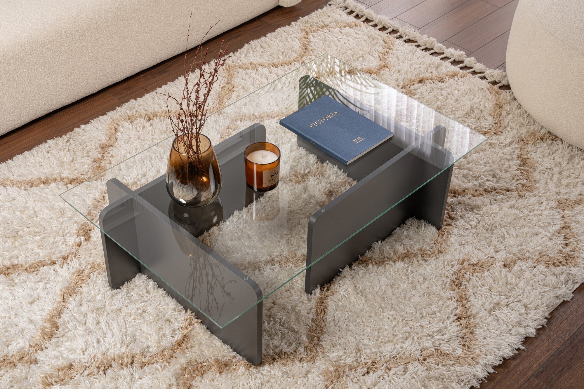 Mesa de Centro Elegante, Antracite, 105 x 30 x 65 cm | Tampo 100% Vidro Temperado, Estrutura 100% Aglomerado Revestido com Melamina, Design Durável e Moderno