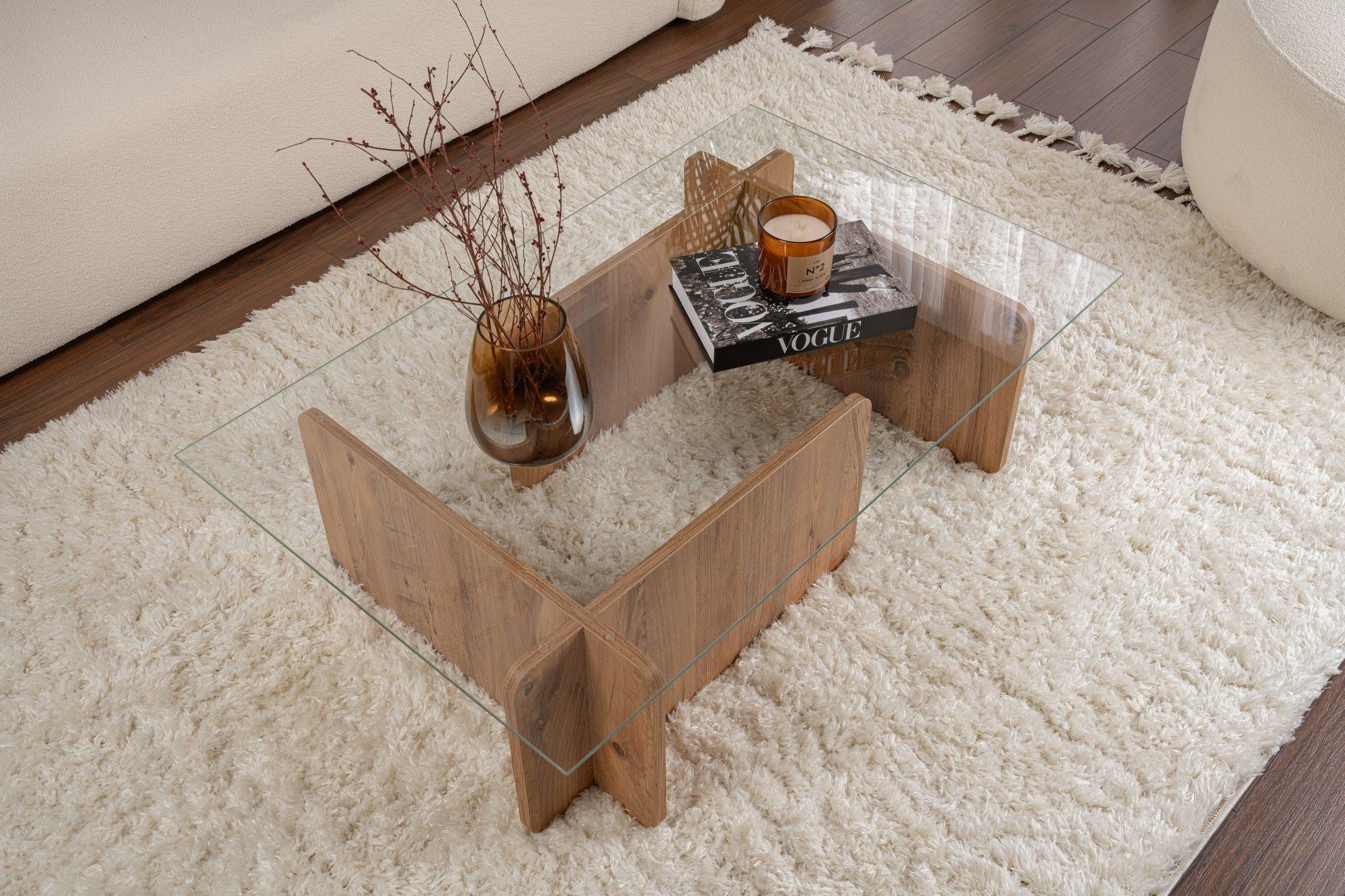 Mesa de Centro Elegante, Pinho Atlântico, 105 x 30 x 65 cm | Tampo 100% Vidro Temperado, Estrutura com Revestimento em Melamina de 18 mm de Espessura | Perfeita para Espaços Modernos