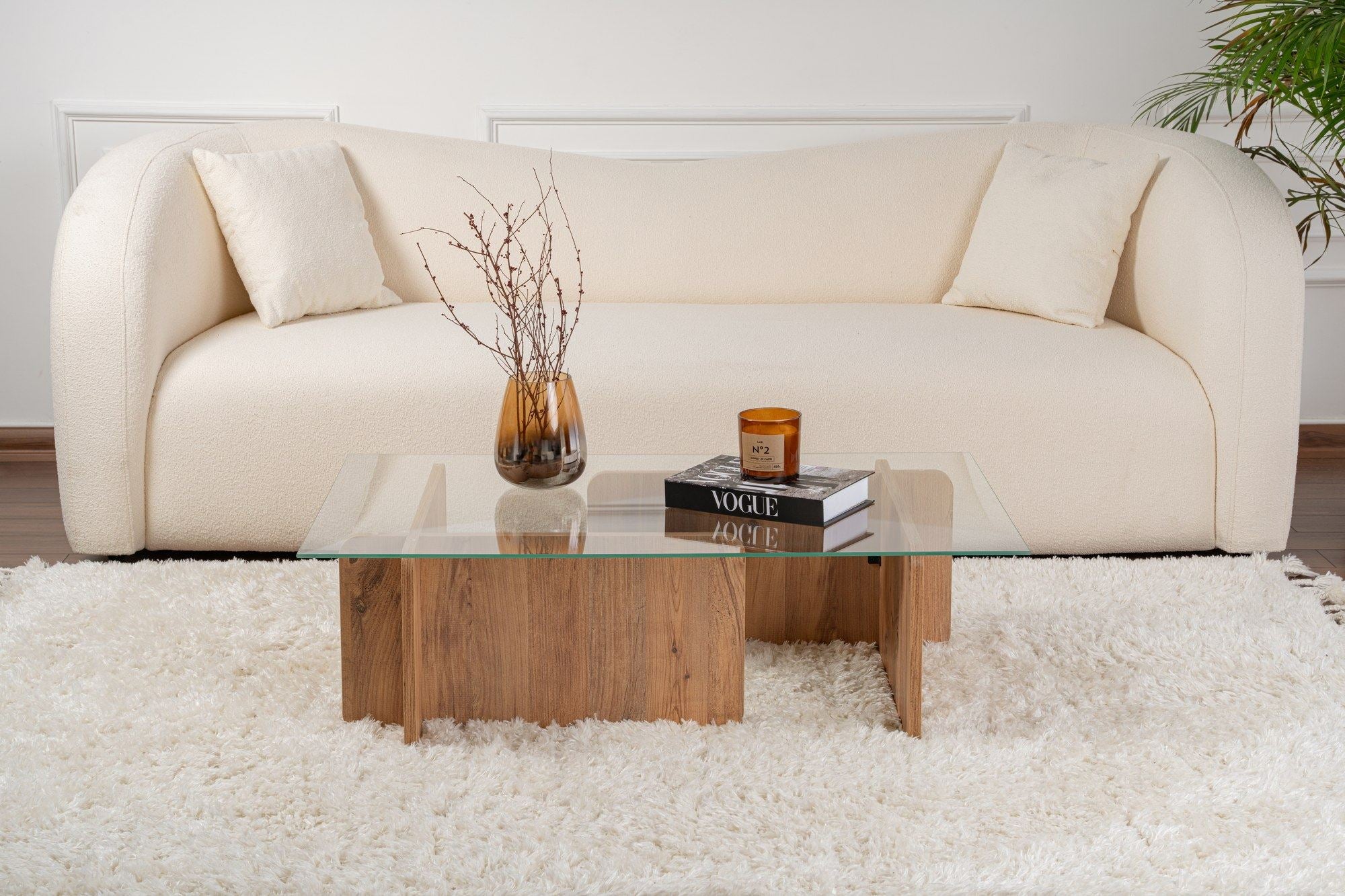 Mesa de Centro Elegante, Pinho Atlântico, 105 x 30 x 65 cm | Tampo 100% Vidro Temperado, Estrutura com Revestimento em Melamina de 18 mm de Espessura | Perfeita para Espaços Modernos