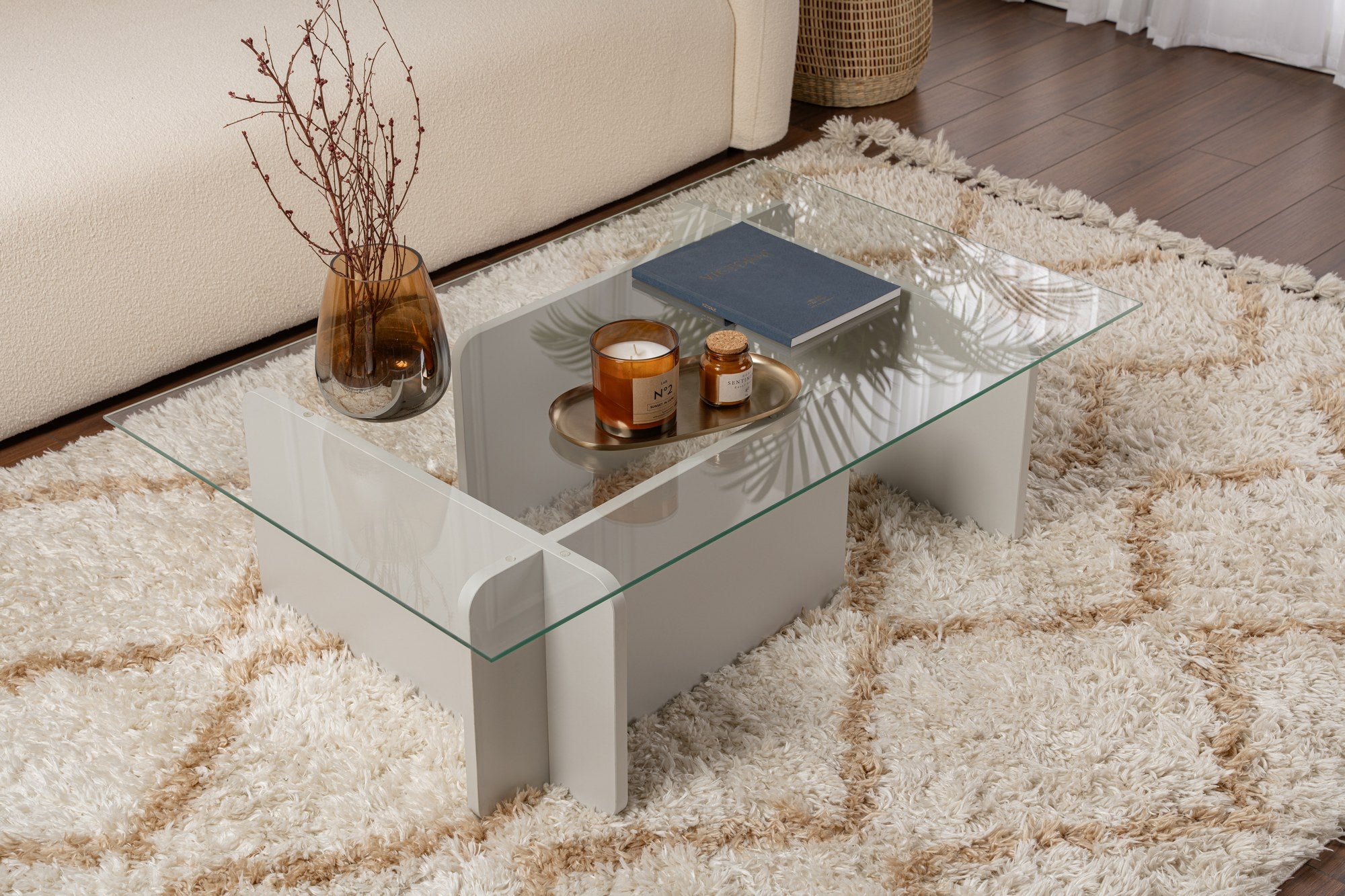 Mesa de Centro Cinza Elegante, 105 x 30 x 65 cm | Tampo 100% Vidro Temperado, Estrutura 100% Aglomerado Revestido em Melamina, 18 mm de Espessura | Design Moderno para Sala de Estar