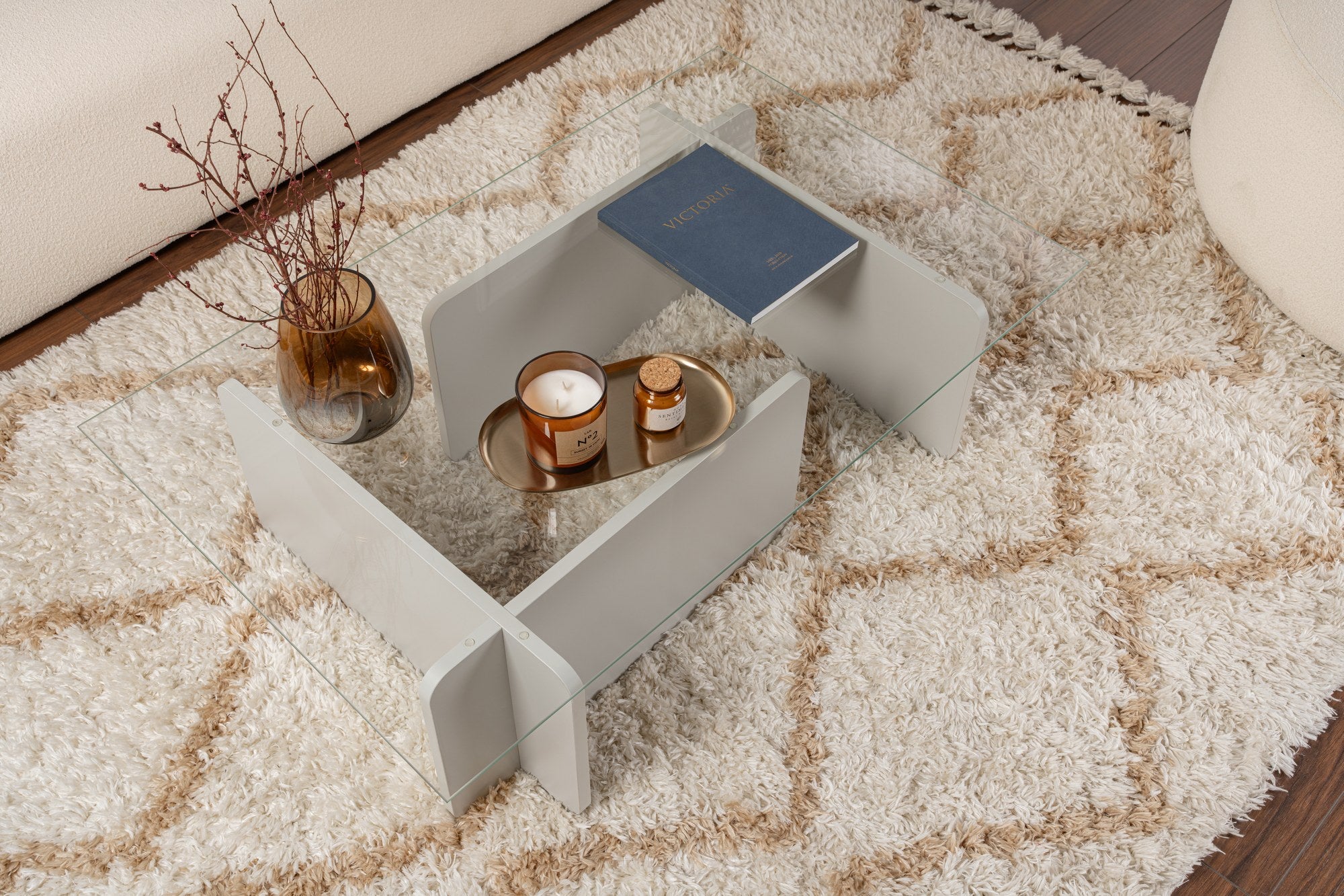 Mesa de Centro Cinza Elegante, 105 x 30 x 65 cm | Tampo 100% Vidro Temperado, Estrutura 100% Aglomerado Revestido em Melamina, 18 mm de Espessura | Design Moderno para Sala de Estar